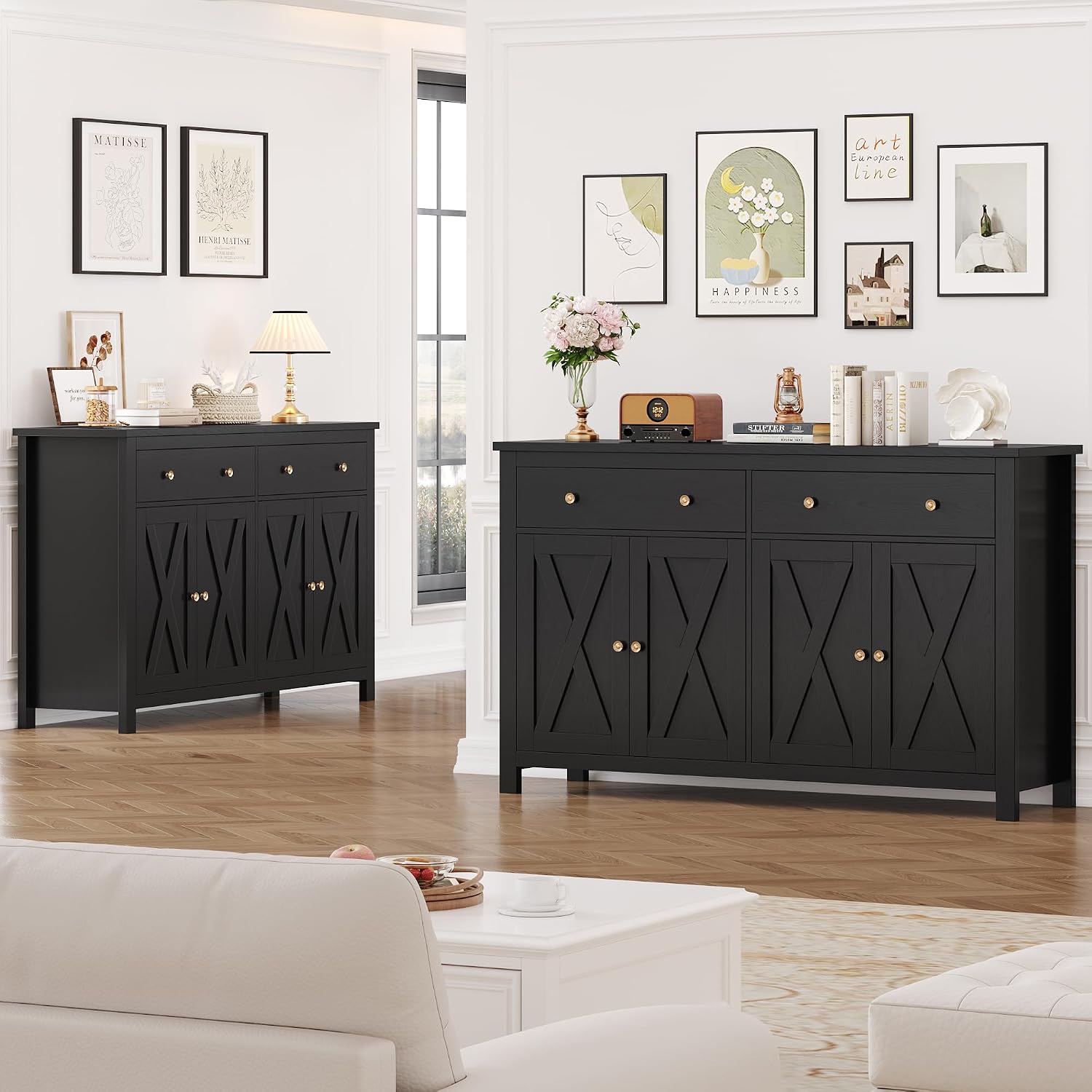 Detalle 2 de FirFurd P228 140cm Sideboard, Black Engineered Wood, 4 Doors, 2 Drawers