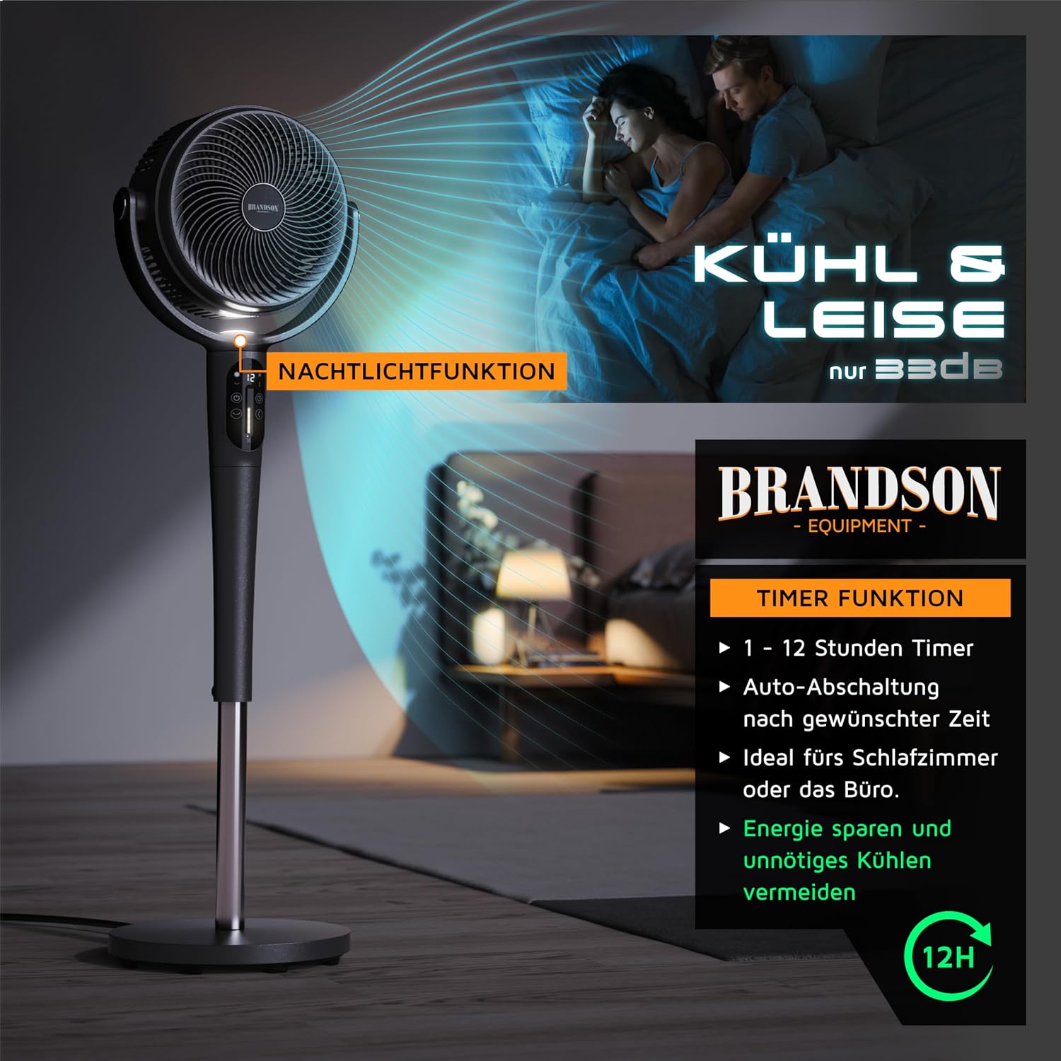 Detalle de Brandson 3D Standventilator mit ECO DC Motor – extrem leise, 24 Geschwindigkeiten und flexible Oszillation