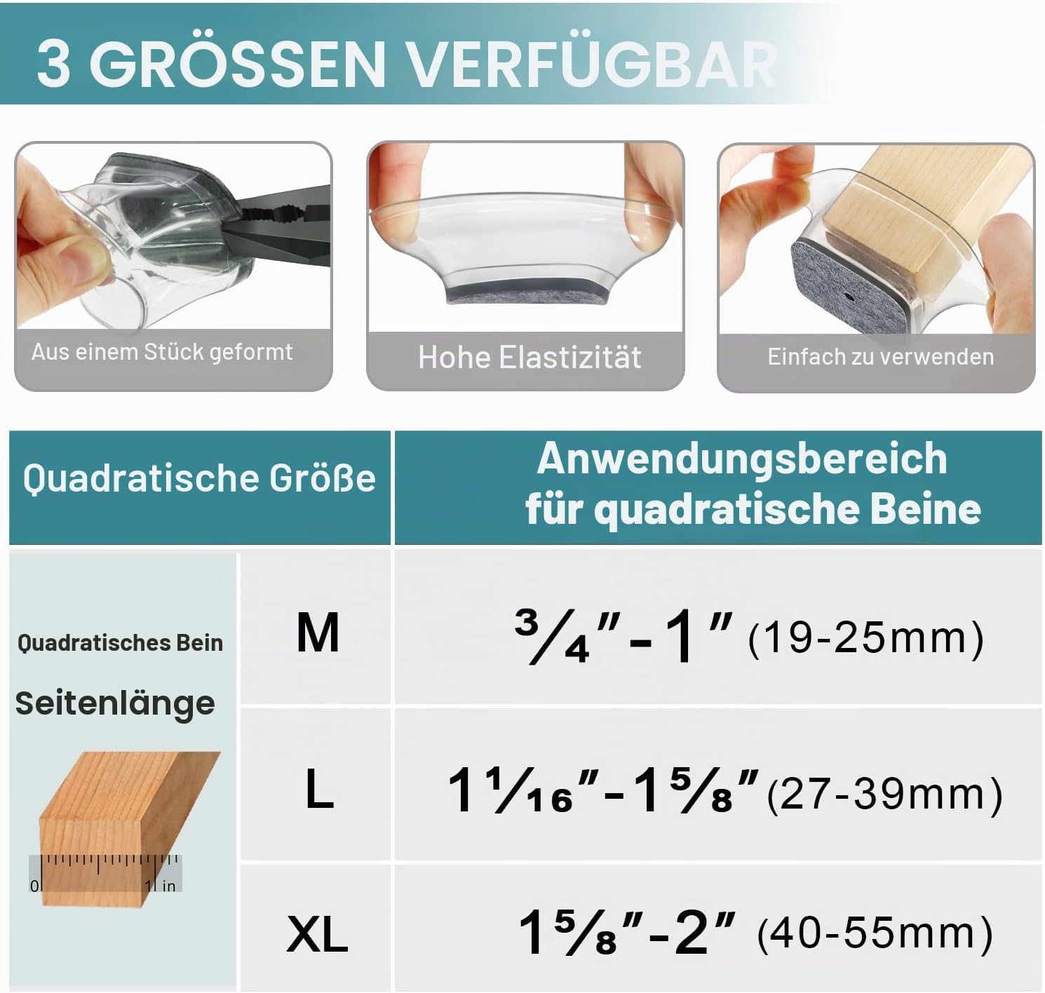 Thumbnail 4 de Stuhlbeinkappen Eckig – 24 Stück Silikon mit Filzschutz für Stuhlbeine 40–55 mm