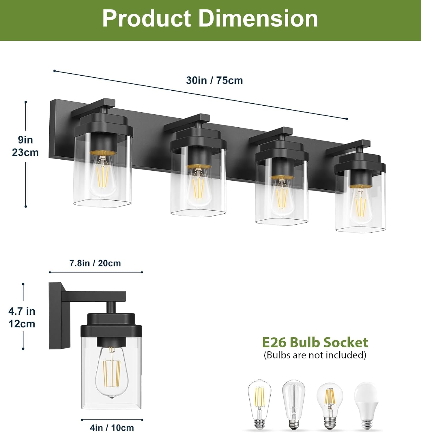 Thumbnail 3 de LKHF HL102-4T-BK 4-Light Black Vanity Fixture with Square Glass Shades