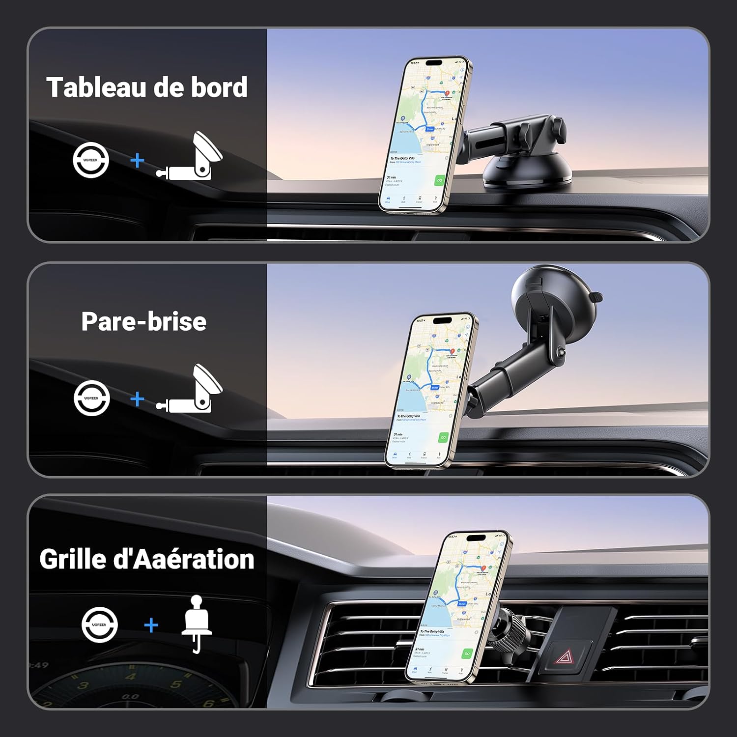 Thumbnail 2 de UGREEN Support Téléphone Voiture Magnétique 2 en 1 (ventouse + crochet) compatible MagSafe