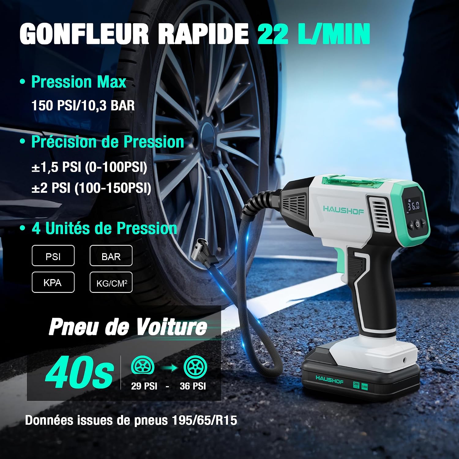 Detalle 2 de HAUSHOF Gonfleur électrique sans fil 150 PSI pour voiture