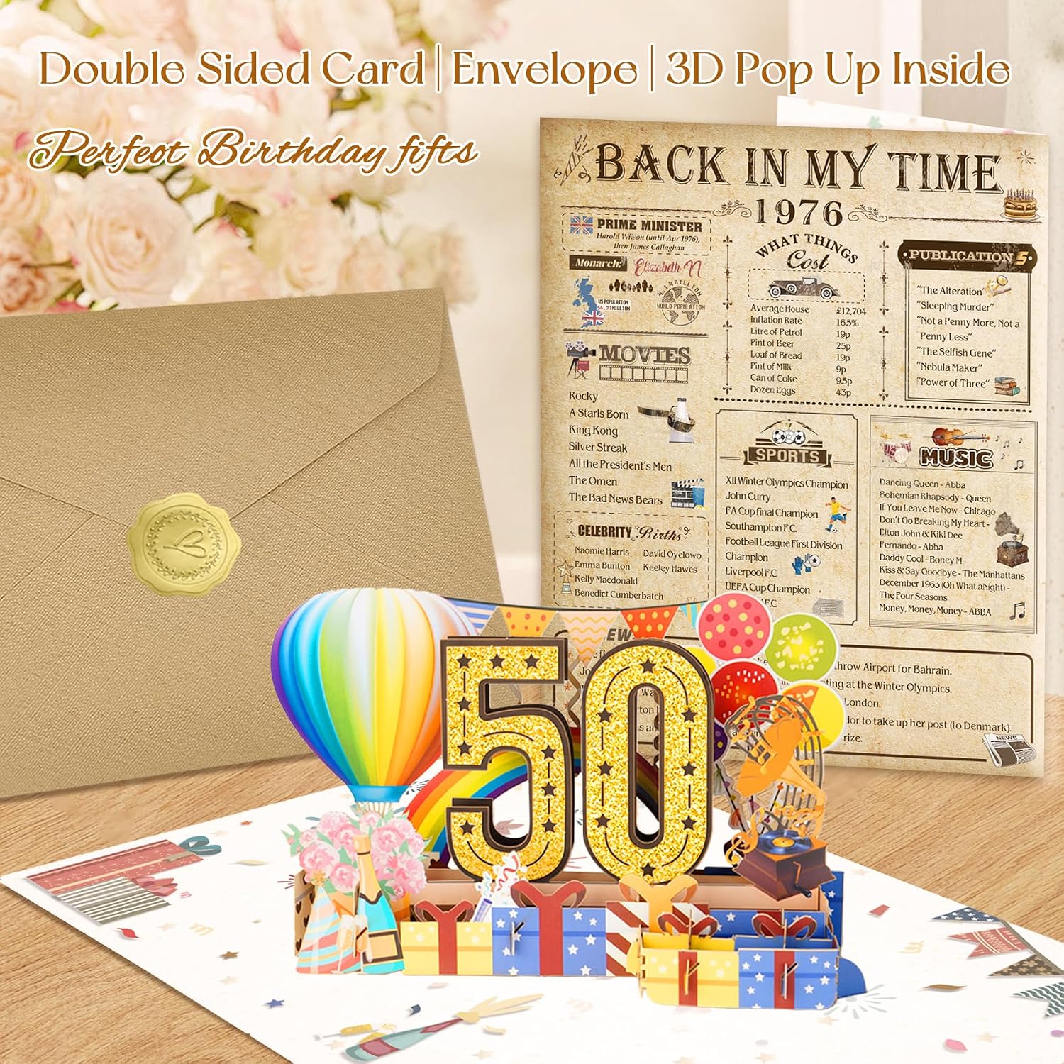 Detalle 2 de 50th Birthday Cards Funny 3D Pop Up with Envelope – Vintage 1976 Poster Style Greeting Card (8x10 inch)
