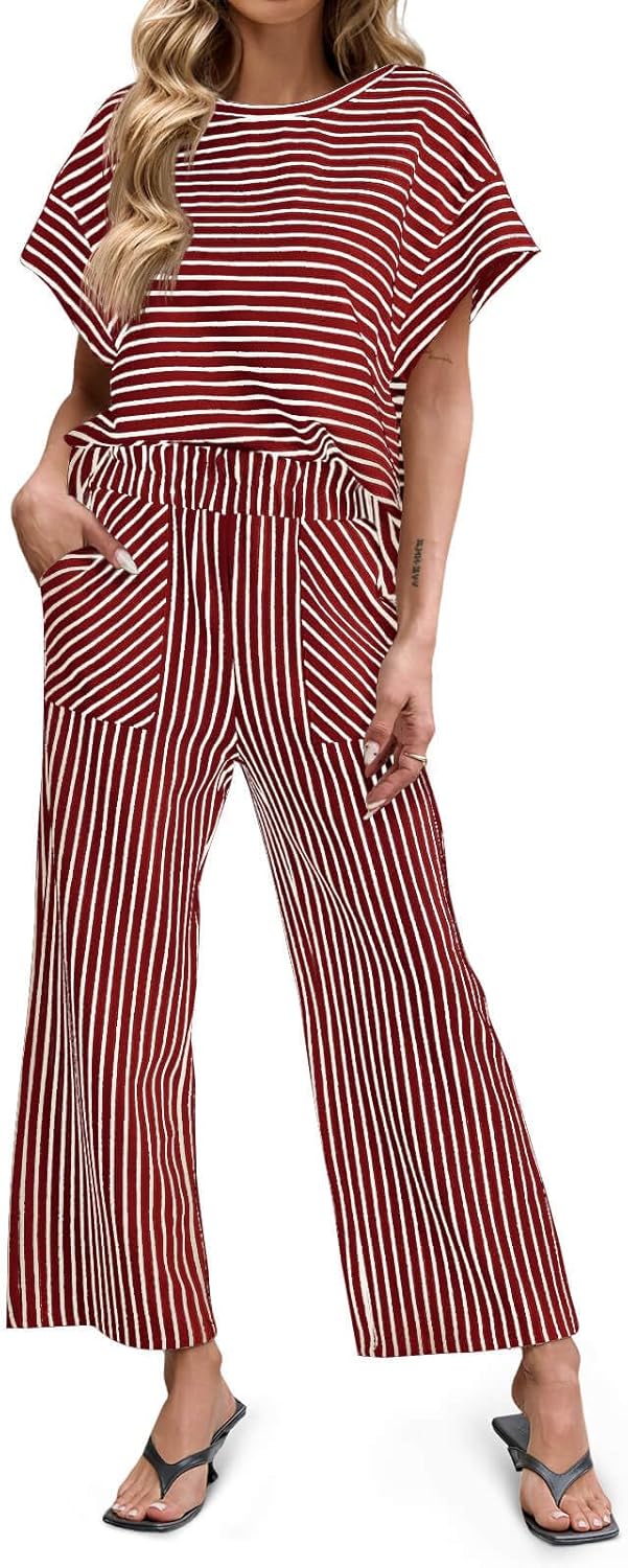Thumbnail 6 de Tankaneo Womens Striped 2 Piece Sets: Short Sleeve T Shirts & Wide Leg Pants Lounge Set with Pockets