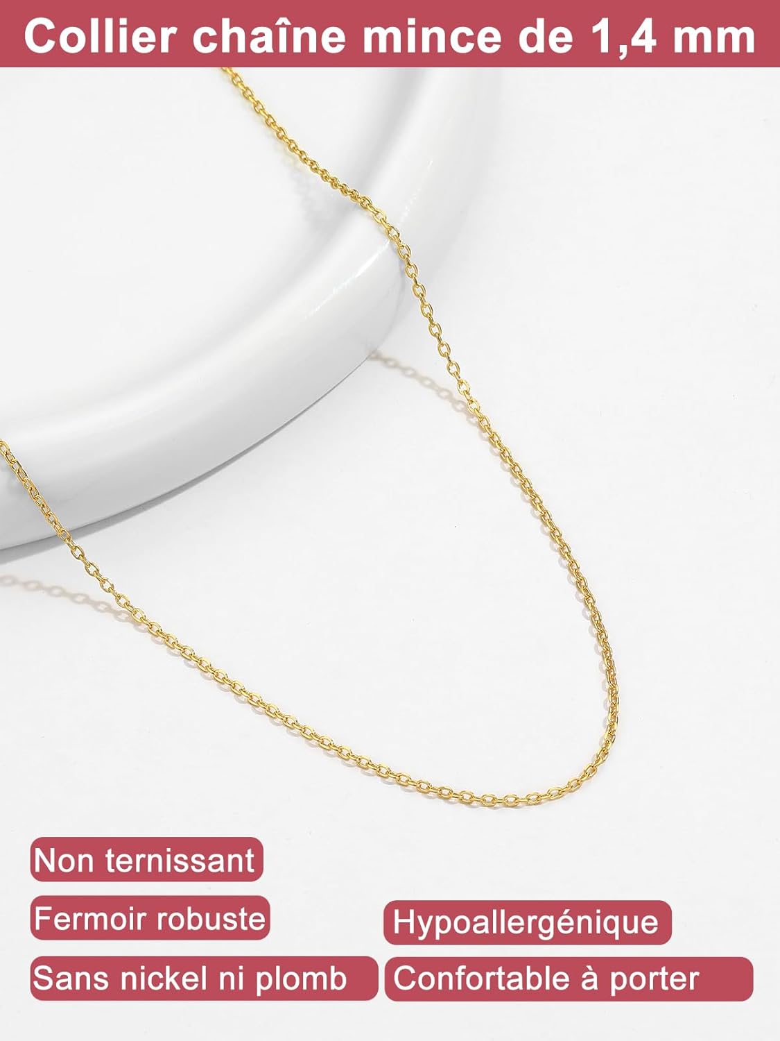Thumbnail 2 de FOCALOOK Chaîne collier fine argent/plaque or femme en acier inoxydable 1,4 mm – maille rolo pour pendentif (40 à 60 cm + chaînette)