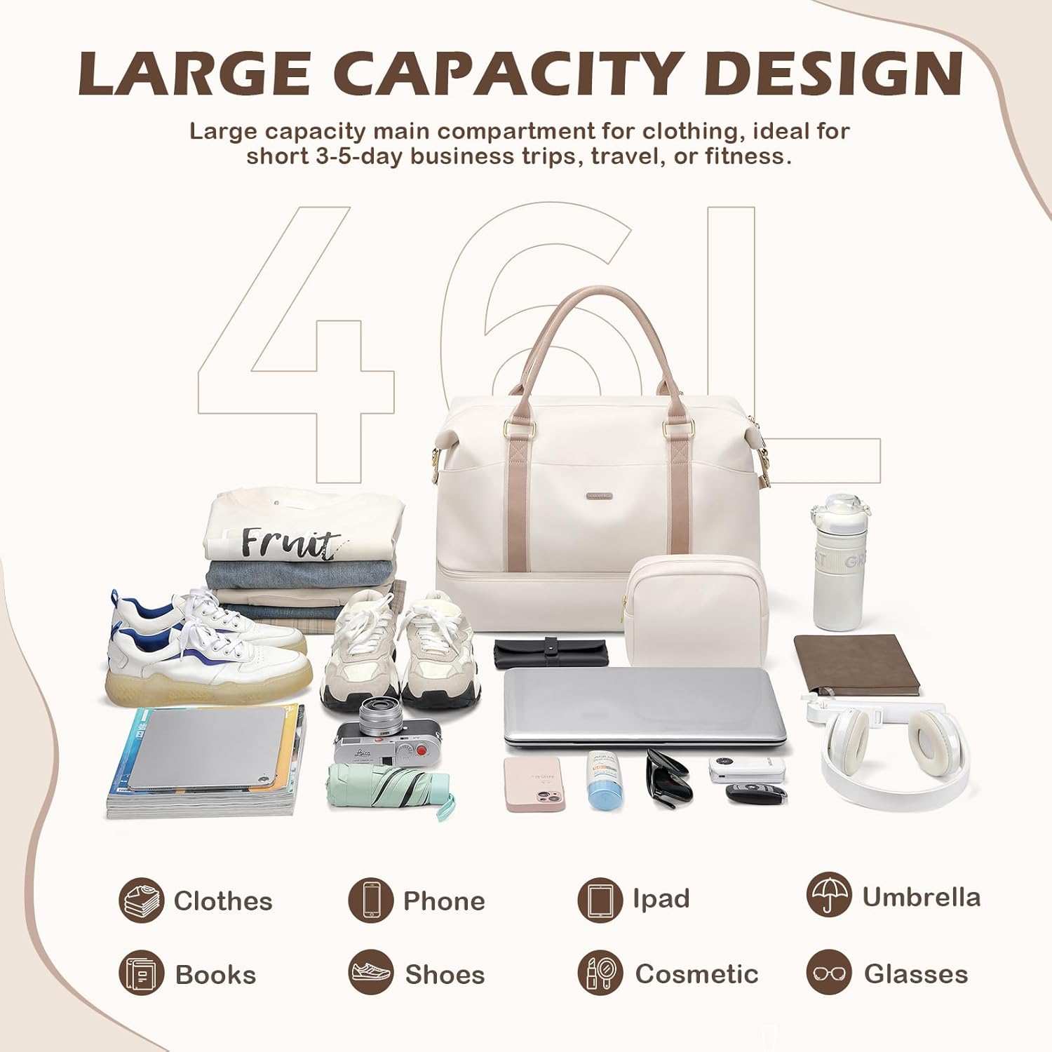 Thumbnail 5 de Sac de Voyage Femme 46L avec Trousse et Compartiment Chaussures – Blanc cassé