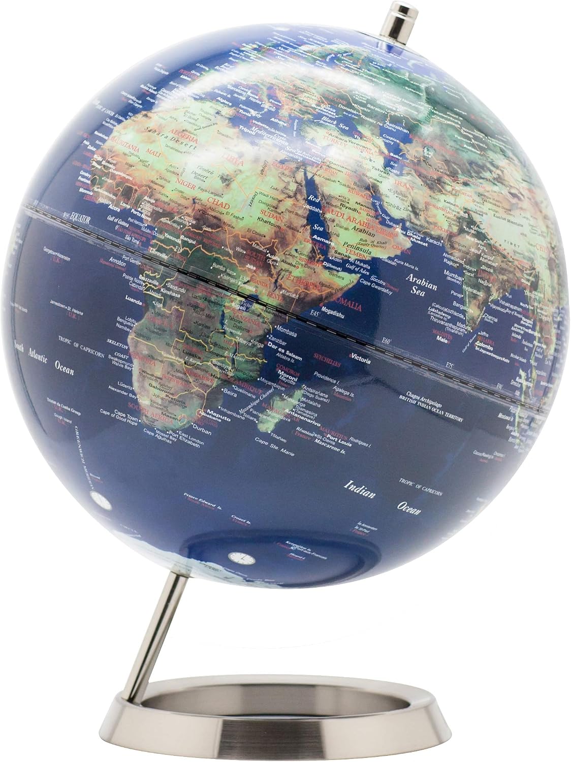 Detalle de Exerz MT wereldbol van 25 cm met roestvrijstalen voet, marineblauw metallic