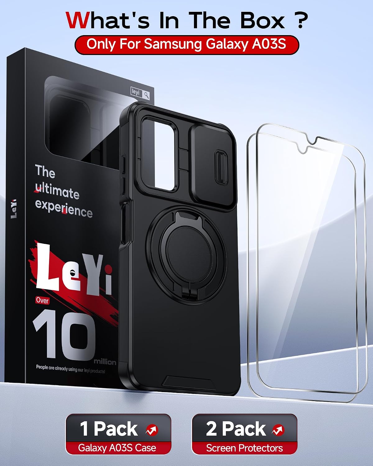 Detalle 2 de LeYi Galaxy A03s Phone Case with Slide Camera Cover, 360° Ring Stand and Glass Protectors