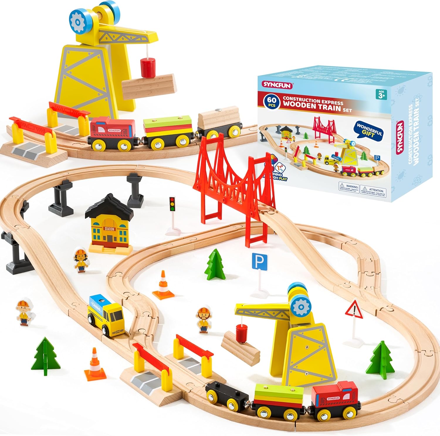 Detalle de SYNCFUN 60-piece Montessori wooden train set with magnetic crane