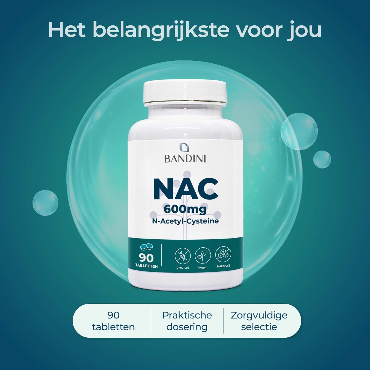 Detalle 2 de Bandini NAC N-Acetyl-Cysteïne 600 mg tabletten, 90 stuks, veganistisch