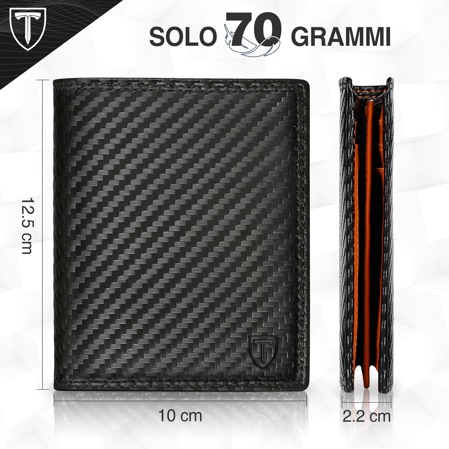 Thumbnail 2 de TEEHON portafoglio uomo in pelle e fibra di carbonio con blocco RFID, 13 scomparti e portamonete con cerniera – Nero e arancione