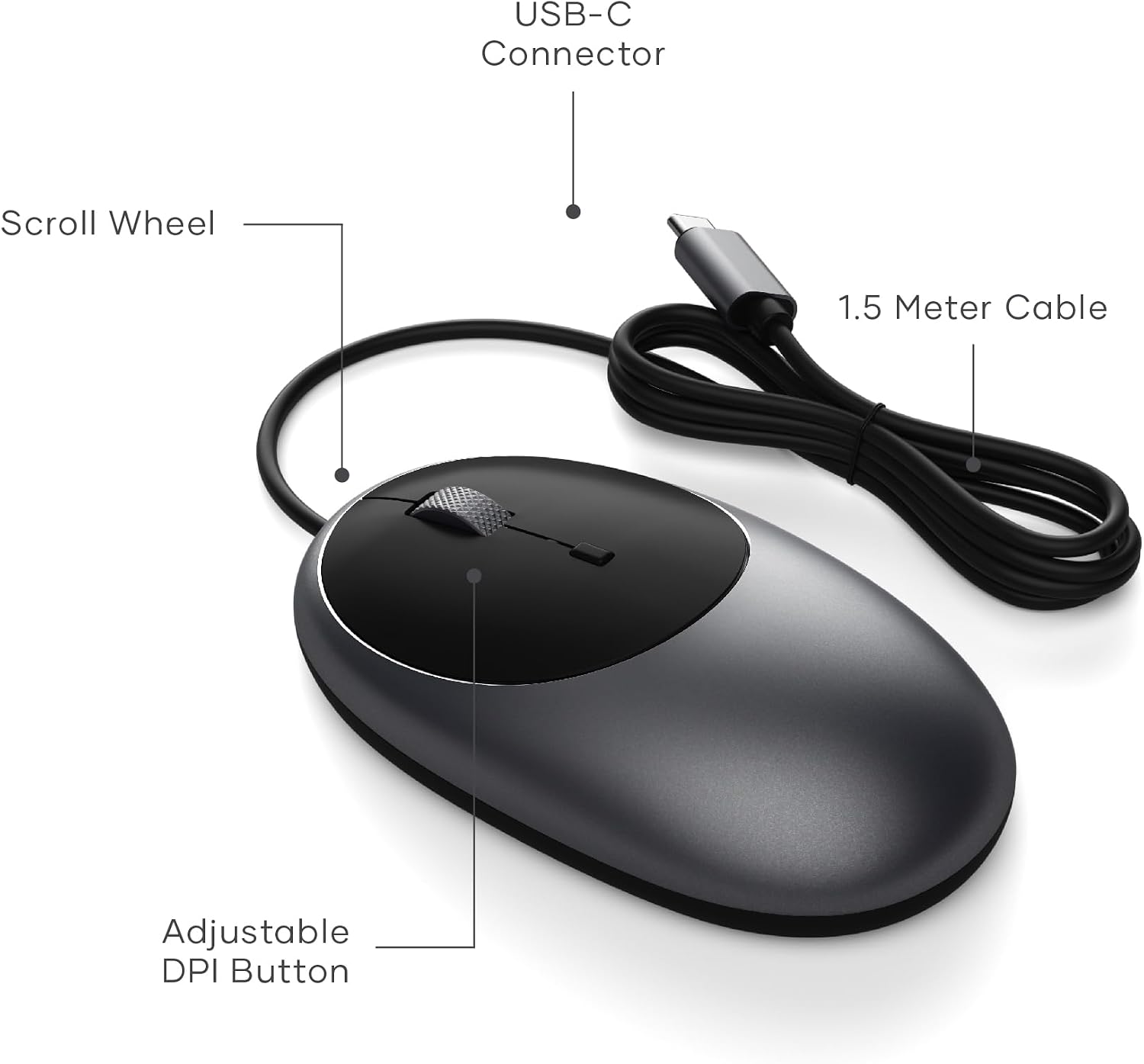 Detalle 2 de Satechi Mouse con cavo C1 in alluminio USB-C ottico (grigio siderale) – DPI regolabili fino a 3.200