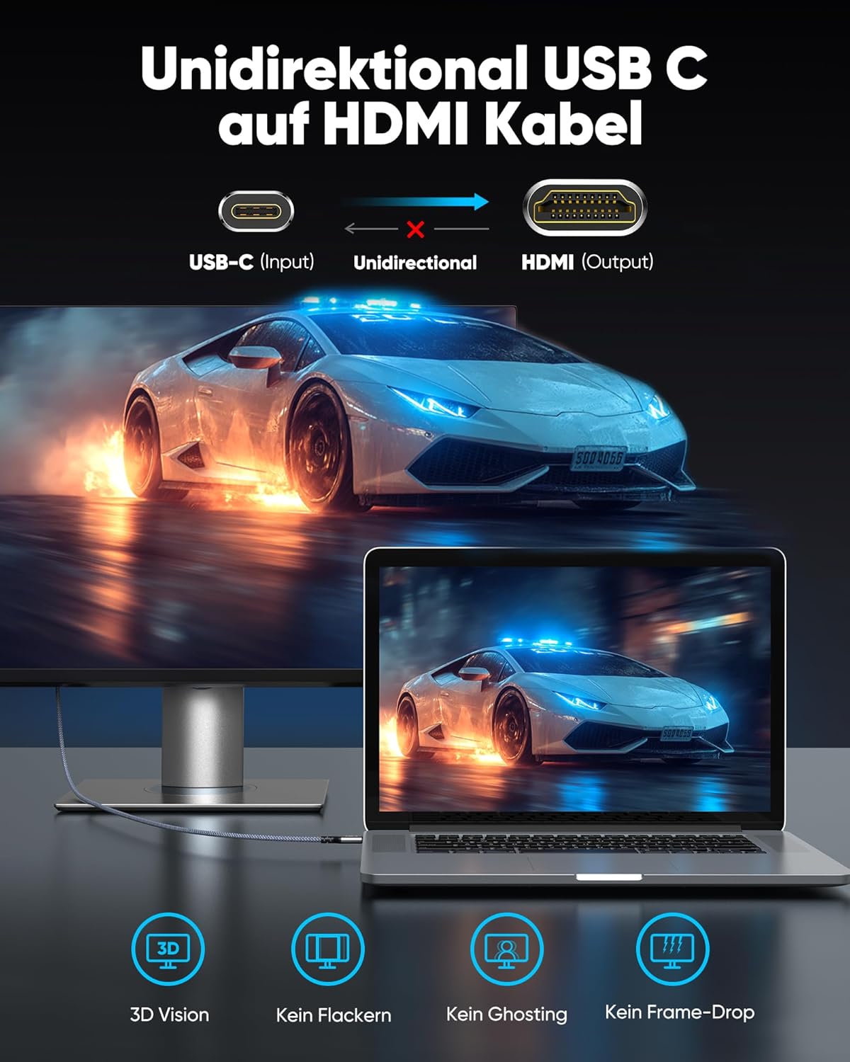 Detalle de Highwings USB‑C auf HDMI Kabel (4K@30Hz, 4,5 m) für MacBook, iPad Pro/Air, Surface & mehr