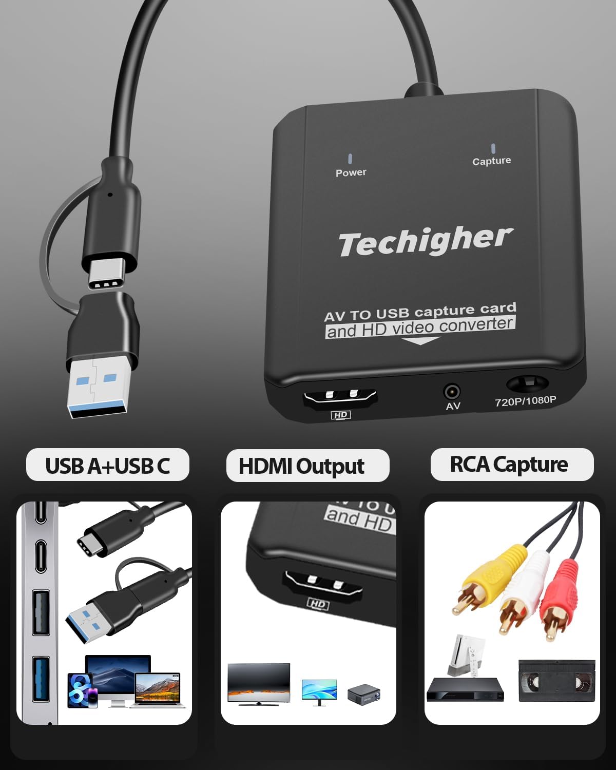 Detalle de Techigher VHS to Digital Converter & RCA to HDMI Adapter USB Video Capture Card