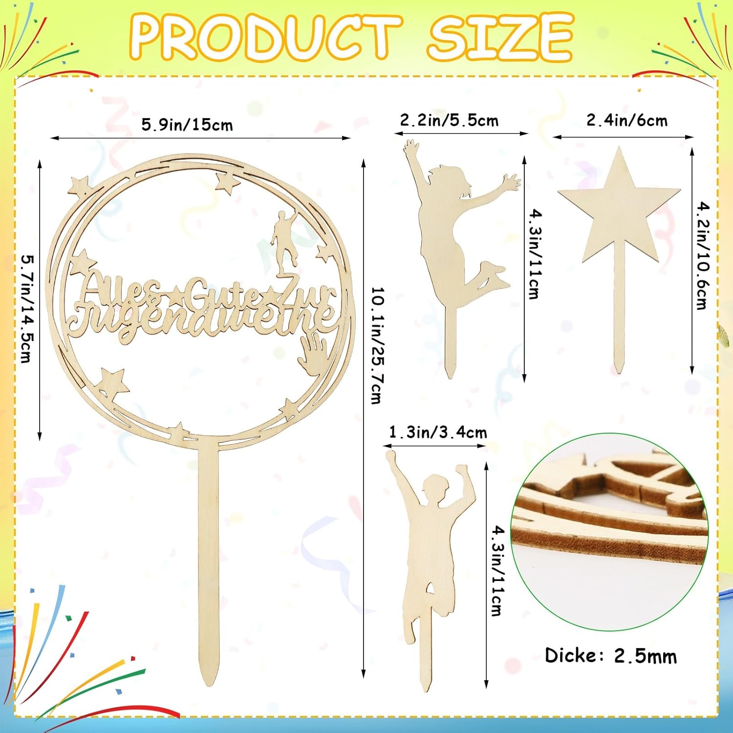 Thumbnail 1 de JUNEBRUSHS Jugendweihe Tortendeko aus Holz (4-teilig) – Cake Topper & Stern als Kuchenstecker