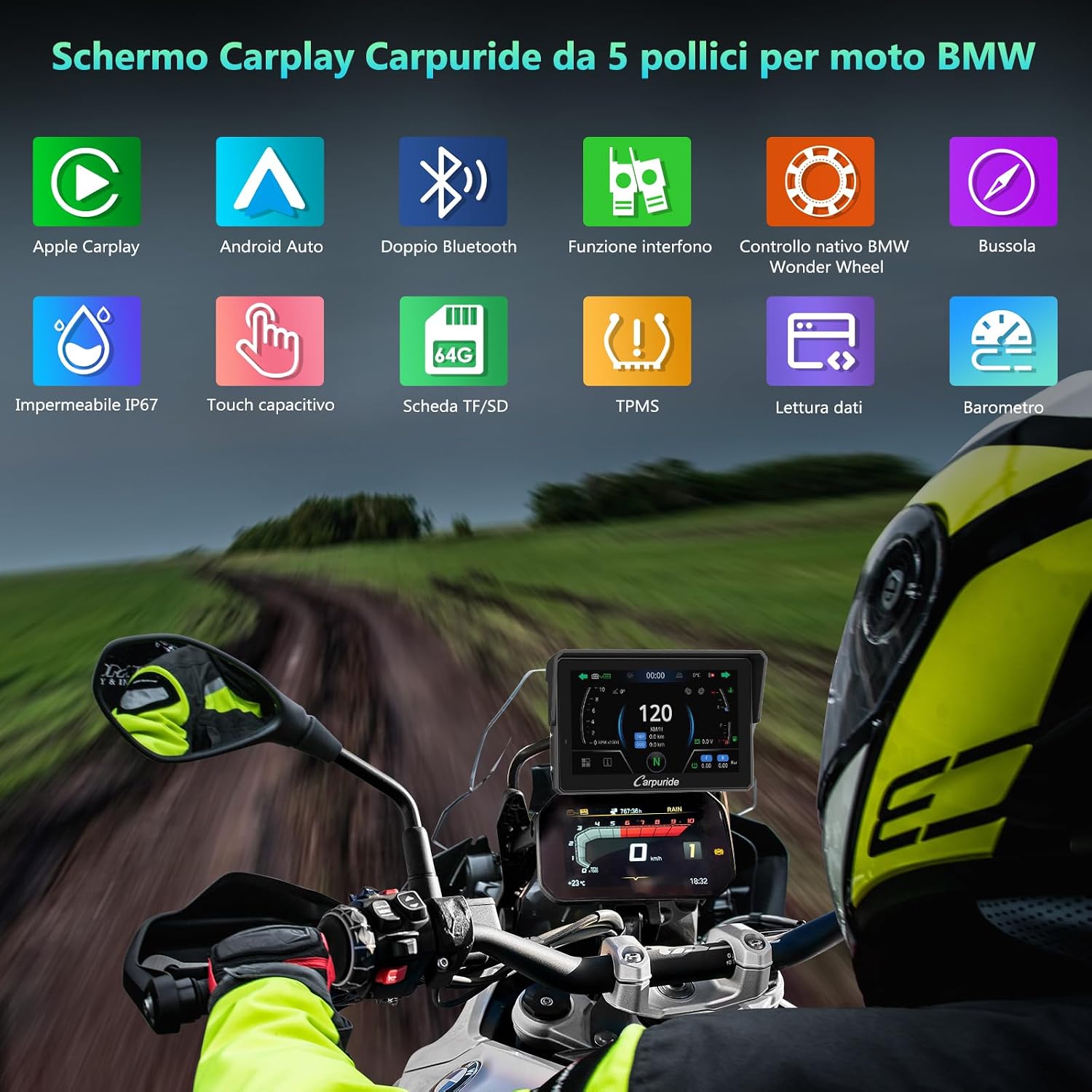 Detalle de CARPURIDE W502BS Pro: Display 5'' impermeabile con CarPlay/Android Auto per Moto BMW, TPMS e Bluetooth Dual