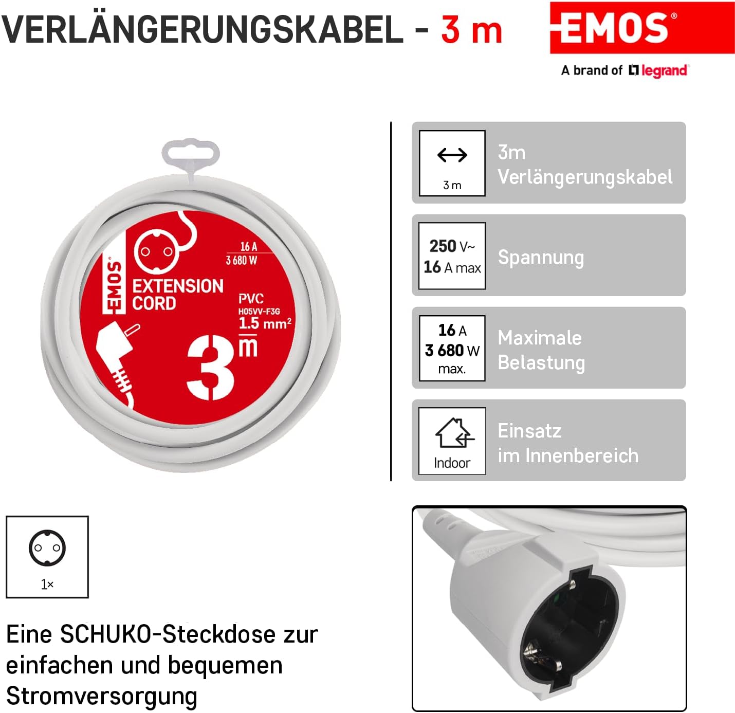 Detalle 2 de EMOS P0123R 3 m Verlängerungskabel