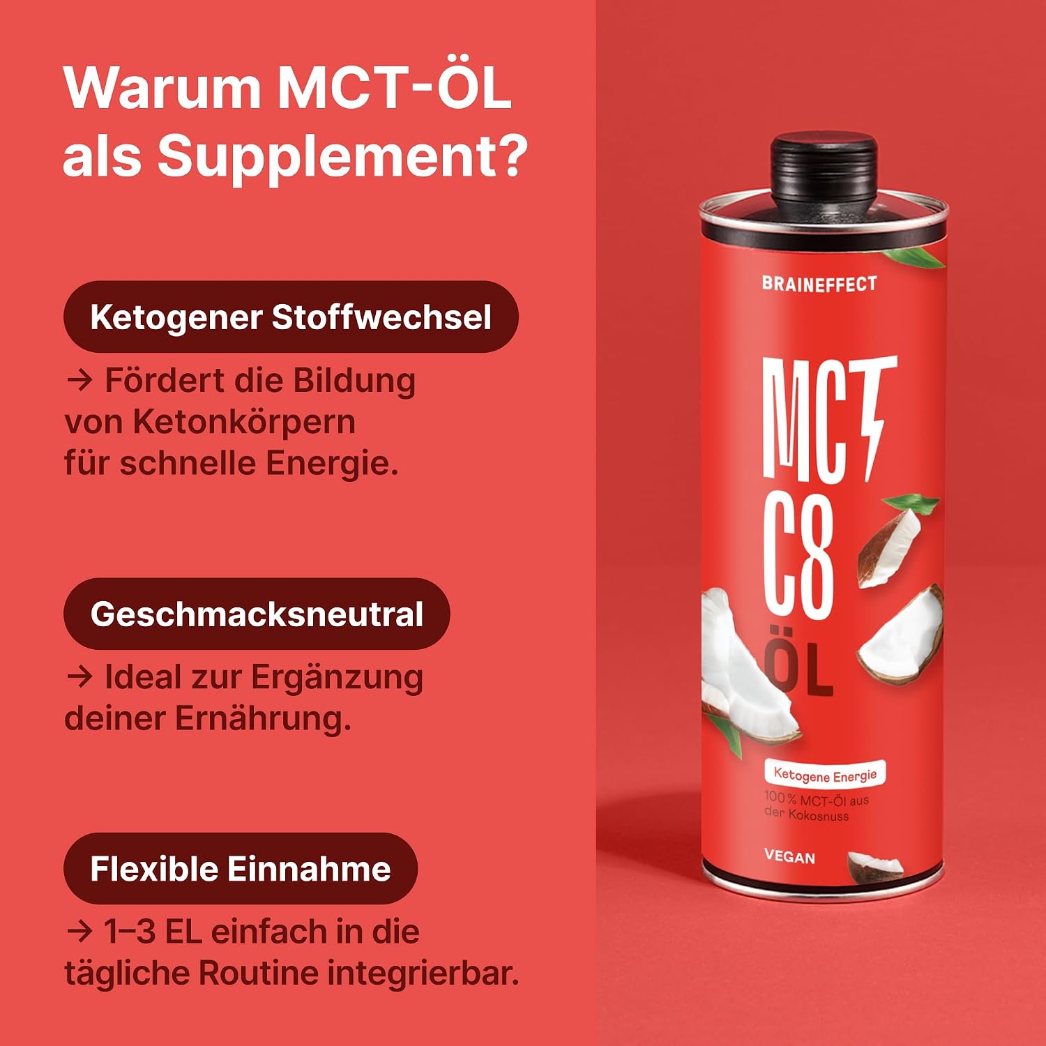 Braineffect MCT-Öl C8 (100% C8) – reiner Extrakt aus Kokosnussöl für ketogene Ernährung