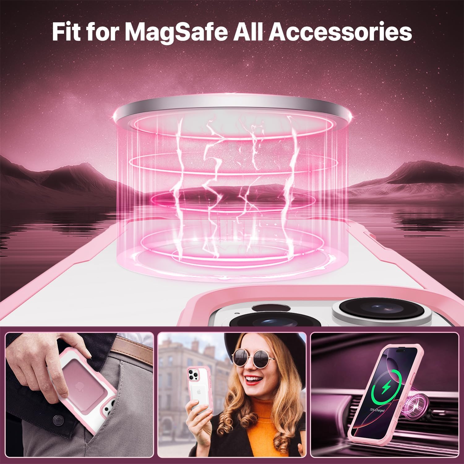 Thumbnail 4 de CENHUFO iPhone 16 Pro Max case with built-in 9H glass screen protector, camera lens protector and MagSafe support (Pink)