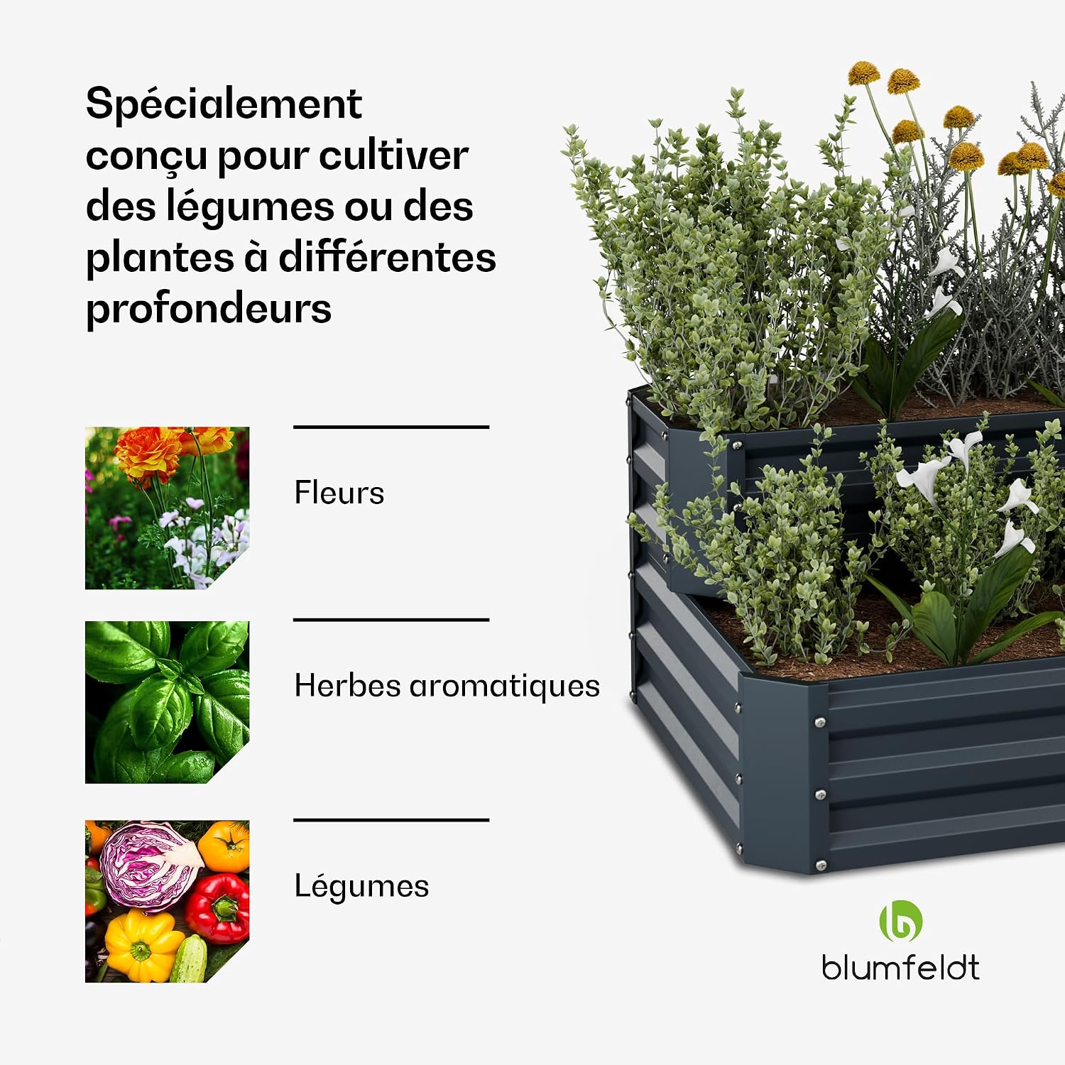 Detalle de blumfeldt High Grow verhoogd bloembed, 405 l, 2 niveaus, Galvalume-staal