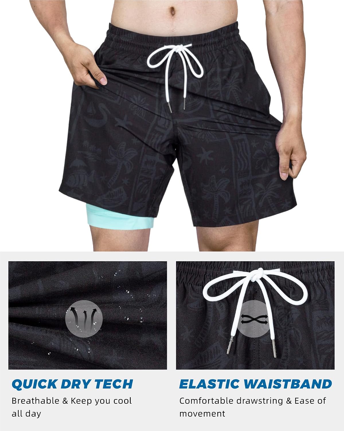 Detalle de SURF CUZ Mens Swim Trunks with Compression Liner – 7" Quick Dry Stretch Board Shorts