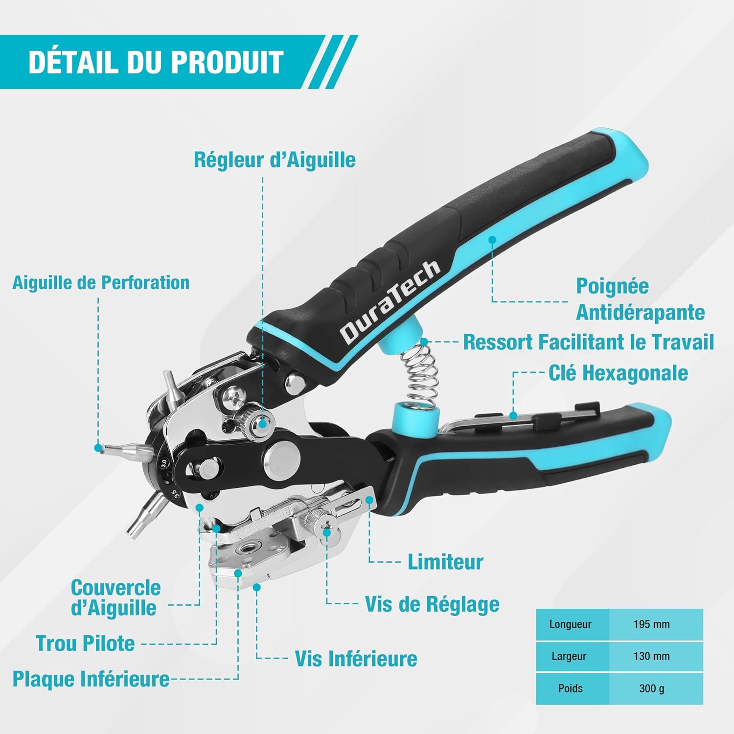 Detalle de DURATECH Pince Perforatrice Rotative à 6 tailles de poinçon – Perforation précise pour cuir, tissu, papier et plus