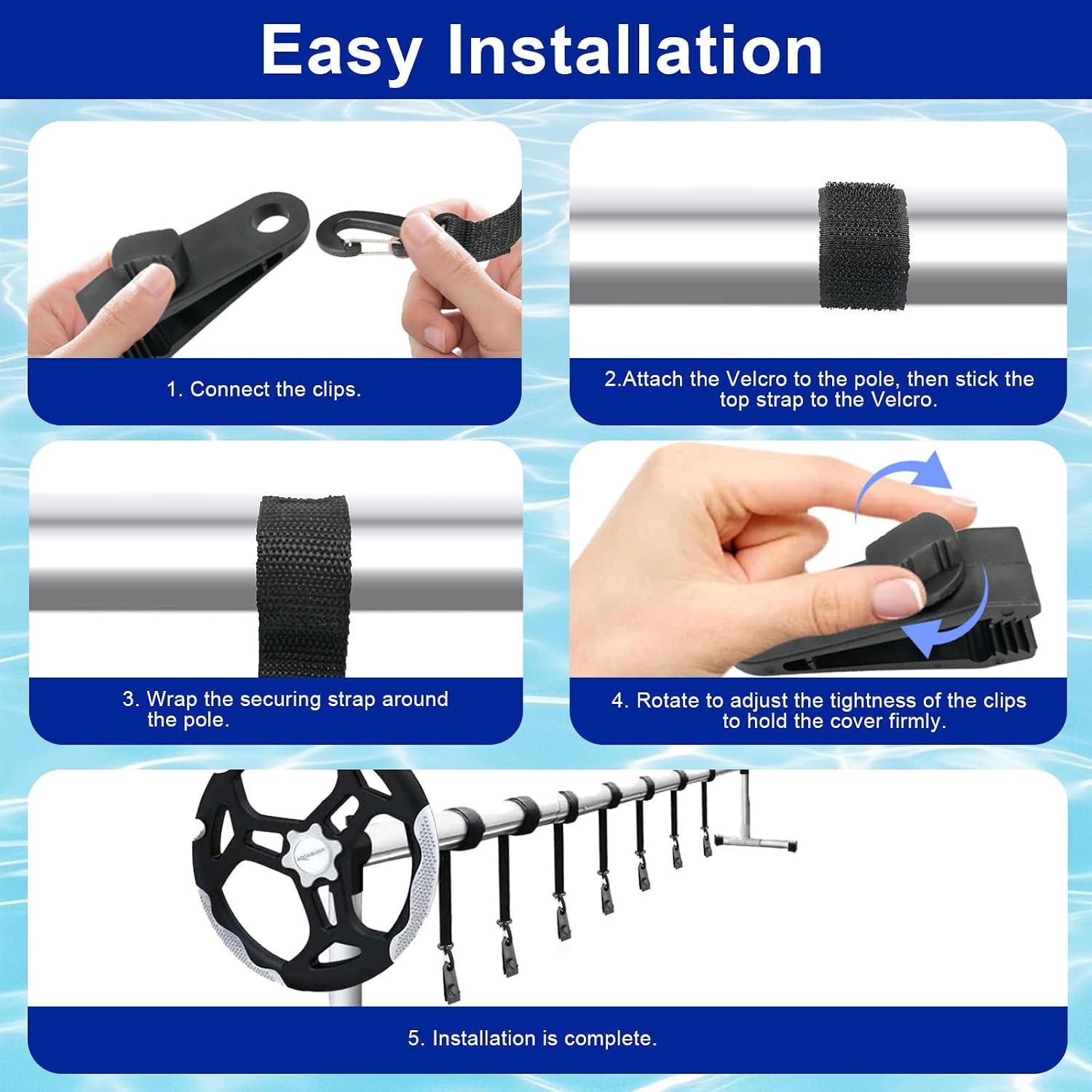 Detalle de Gbformat Lot de 8 sangles de maintien et pinces pour Enrouleur – Ensemble résistant pour couvertures et bâches de piscine