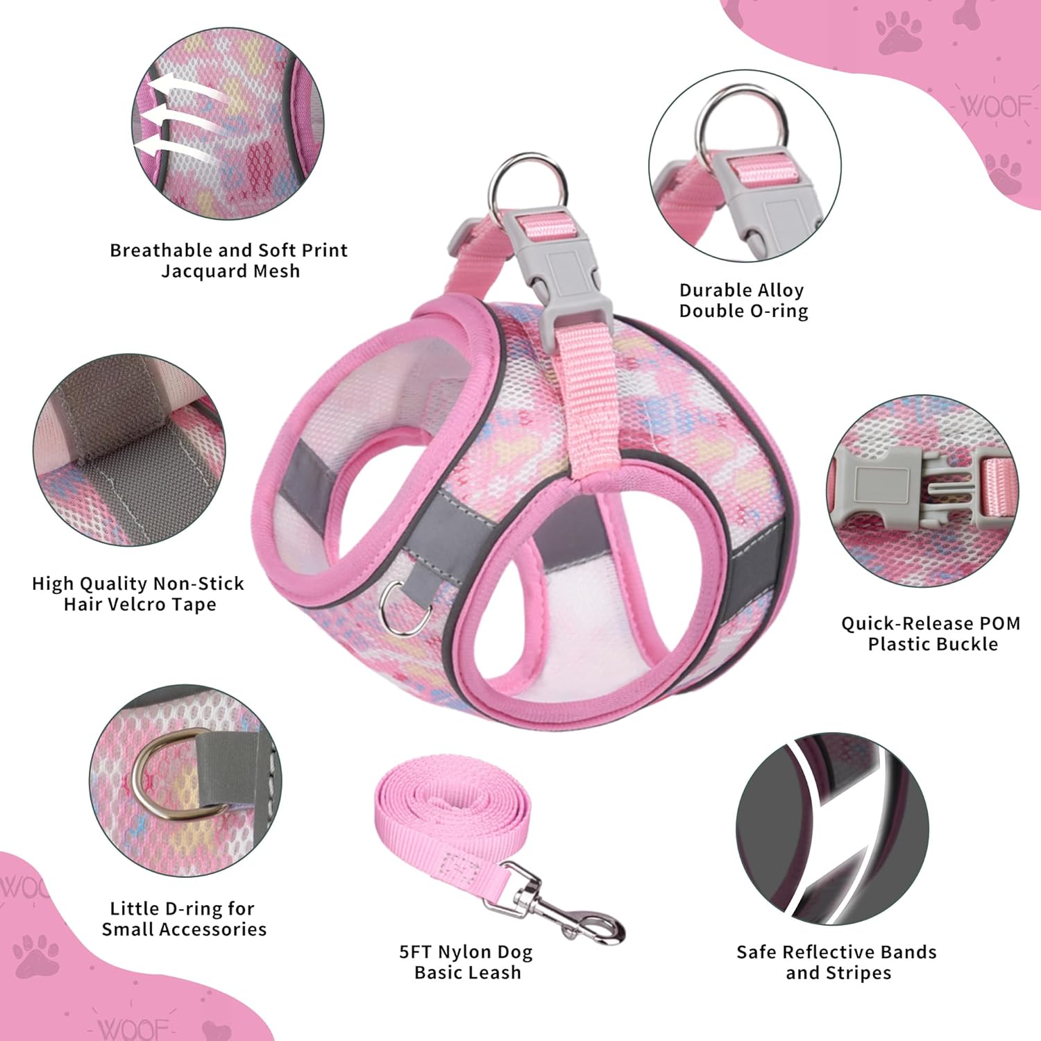 Detalle de PawSailor No Pull Dog Harness and Leash Set (Pink XXS) with Floral Print