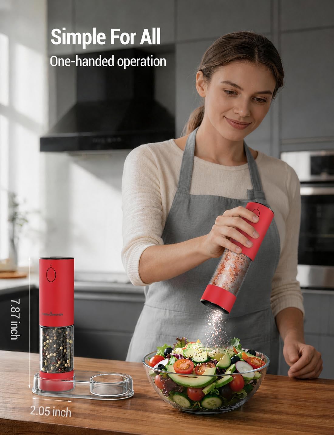 Thumbnail 2 de ThermoMaven Electric Salt & Pepper Grinder Set (2-Pack, 110ml, Red) with Rechargeable USB-C, LED Light, Ceramic Coarseness 6-Speed