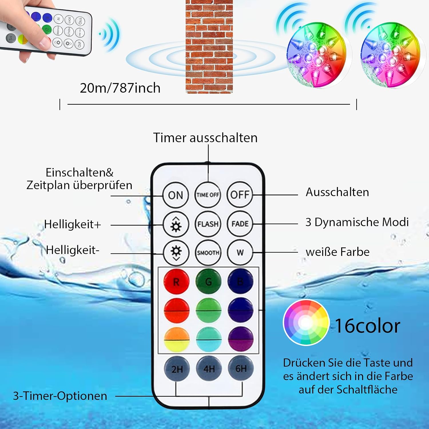 Thumbnail 6 de HOSPAOP Unterwasser-LED-Lichtset (2er) – Wiederaufladbar, IP68, RF-Fernbedienung, RGB mit Timer