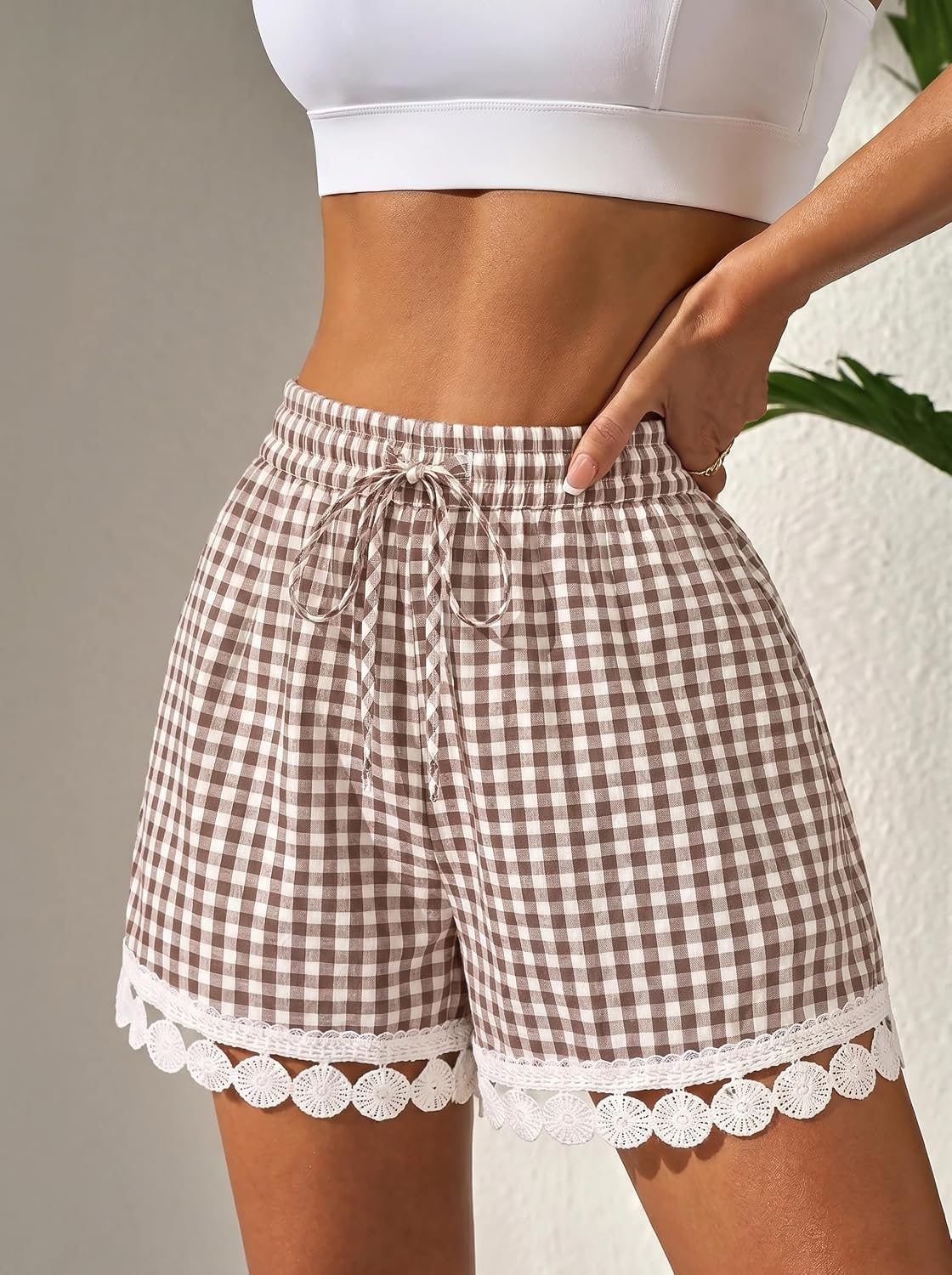 Detalle de Dokotoo Women's Shorts: Casual Summer Loose Elastic Waist Drawstring Lace Boho Beach Cover Up