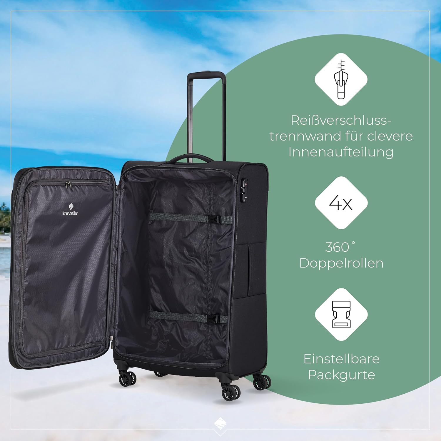 Detalle de Travelite Chios 78 cm Weichschale Koffer – 90–97 L, Dehnfalte, Kantenschutz, TSA-Schloss