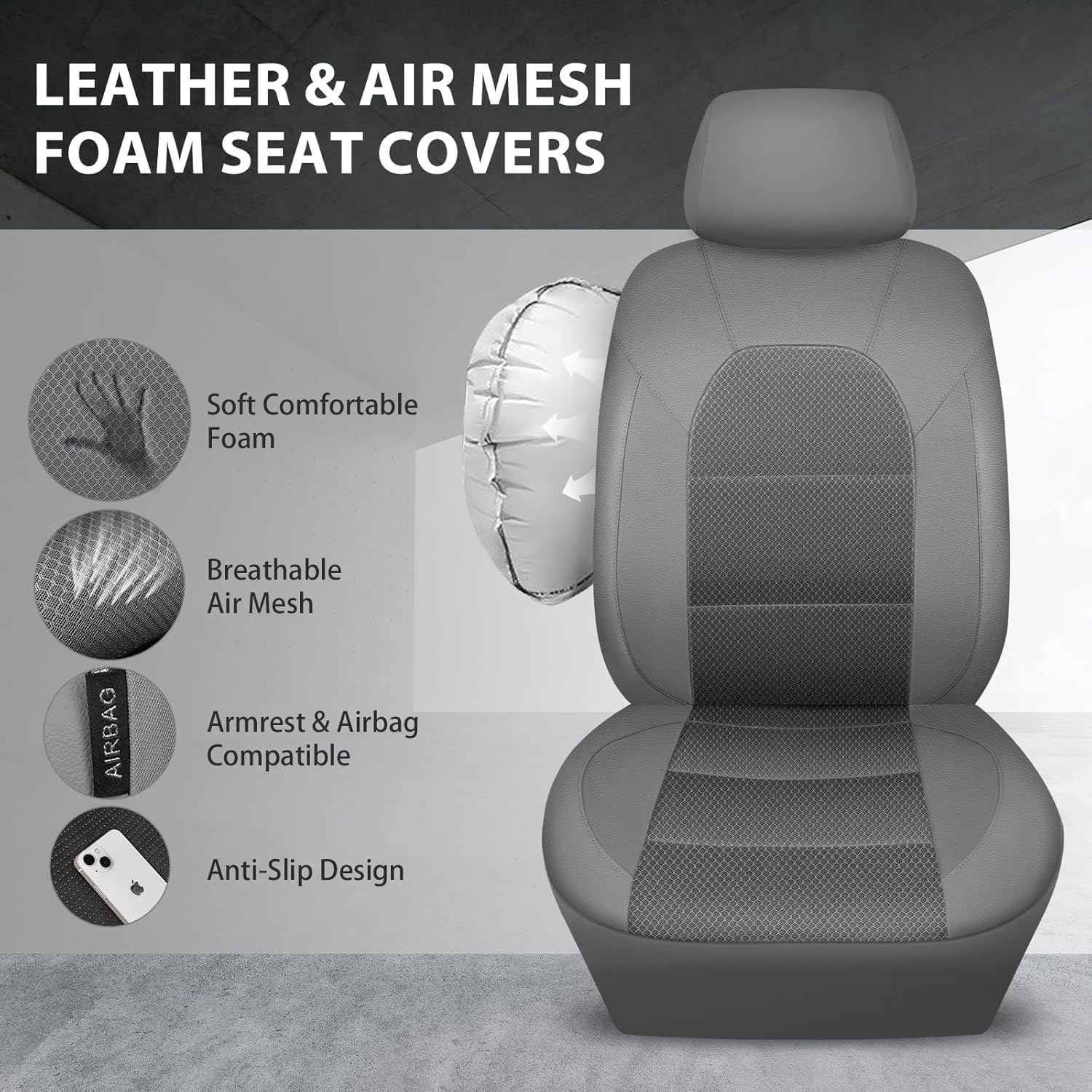 Thumbnail 2 de CAR PASS Leather Car Seat Covers Full Set, Gray