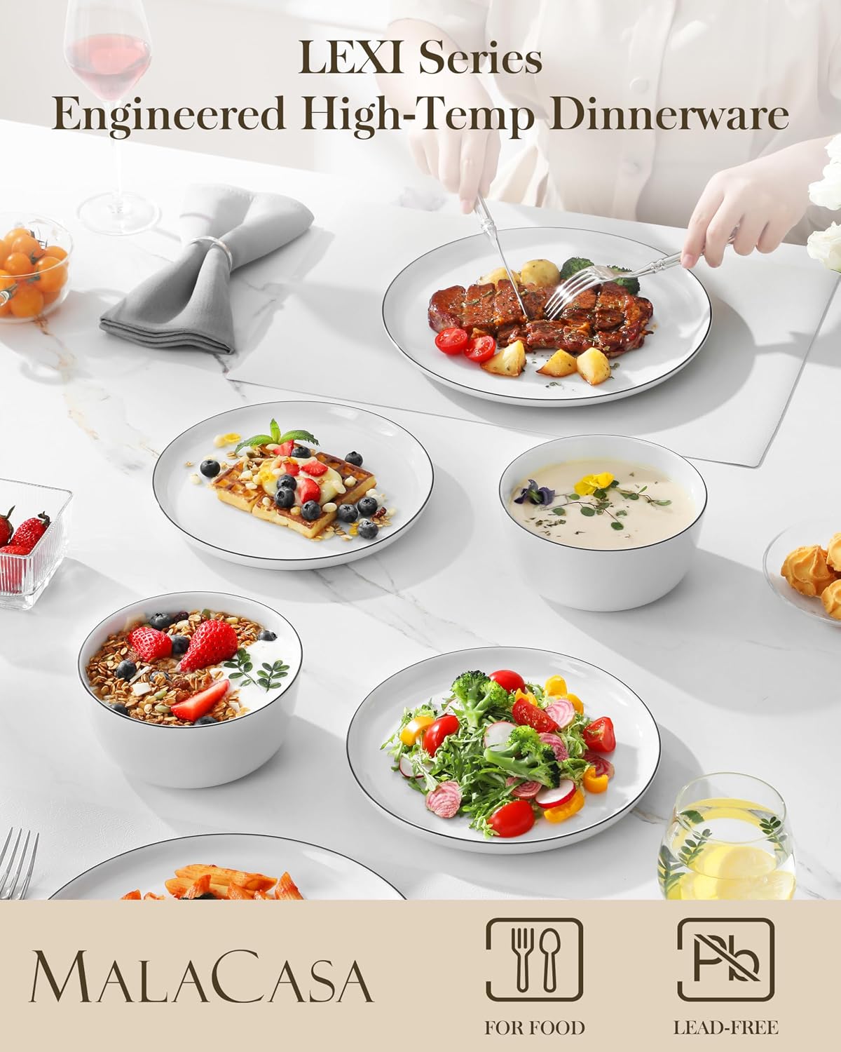 Detalle de MALACASA Lexi 24-Piece Gourmet Porcelain Dinnerware Set (Service for 8)