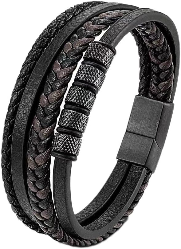 Detalle de JSNOM Herren Lederarmband aus echtem Rindsleder mit 316L-Edelstahl und Größenwahl