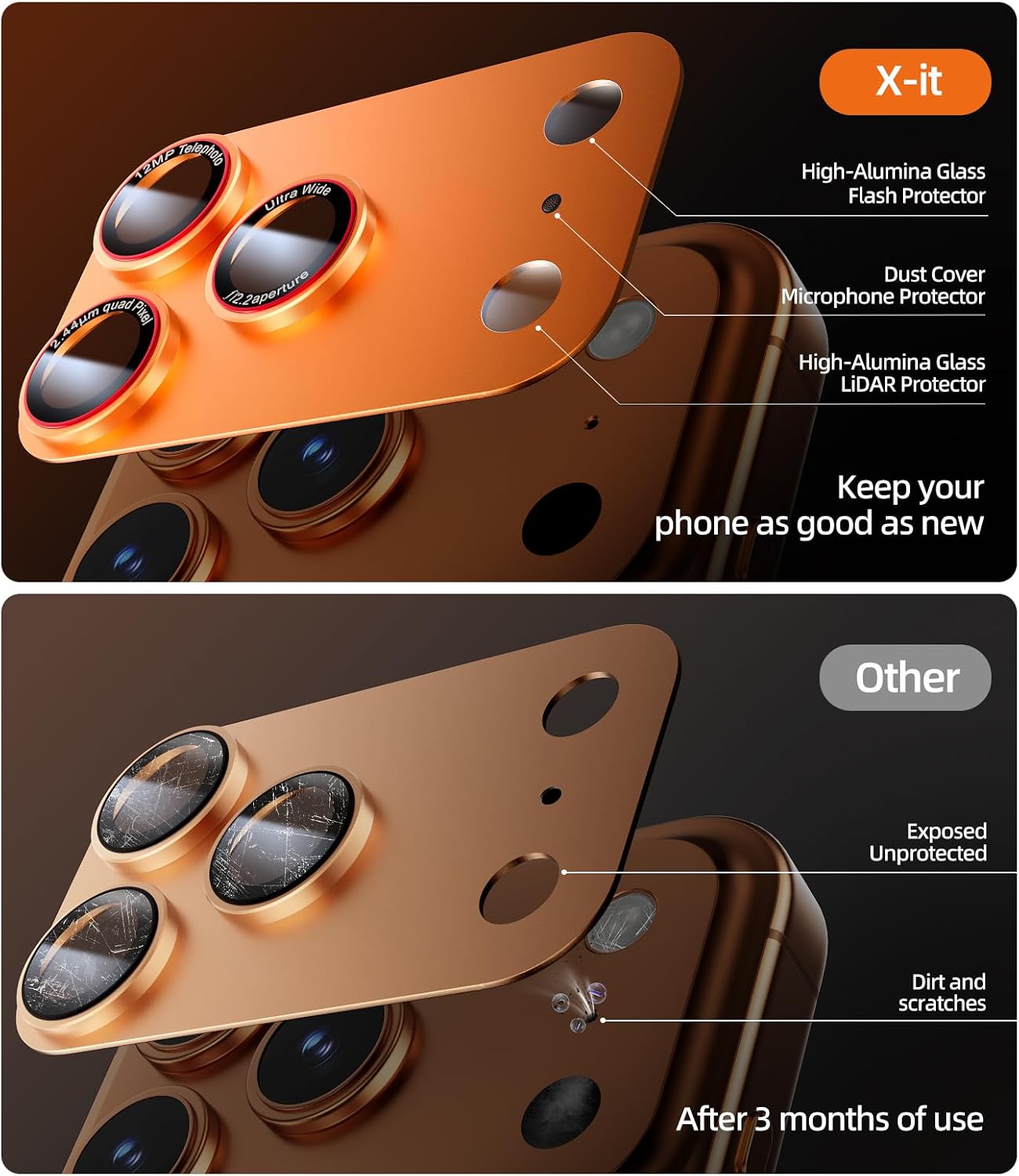 Detalle de X-it iPhone 17 Pro Max Camera Lens Protector (Orange) — 9H Tempered Glass, 1:1 Fit, Case-Friendly Adhesive