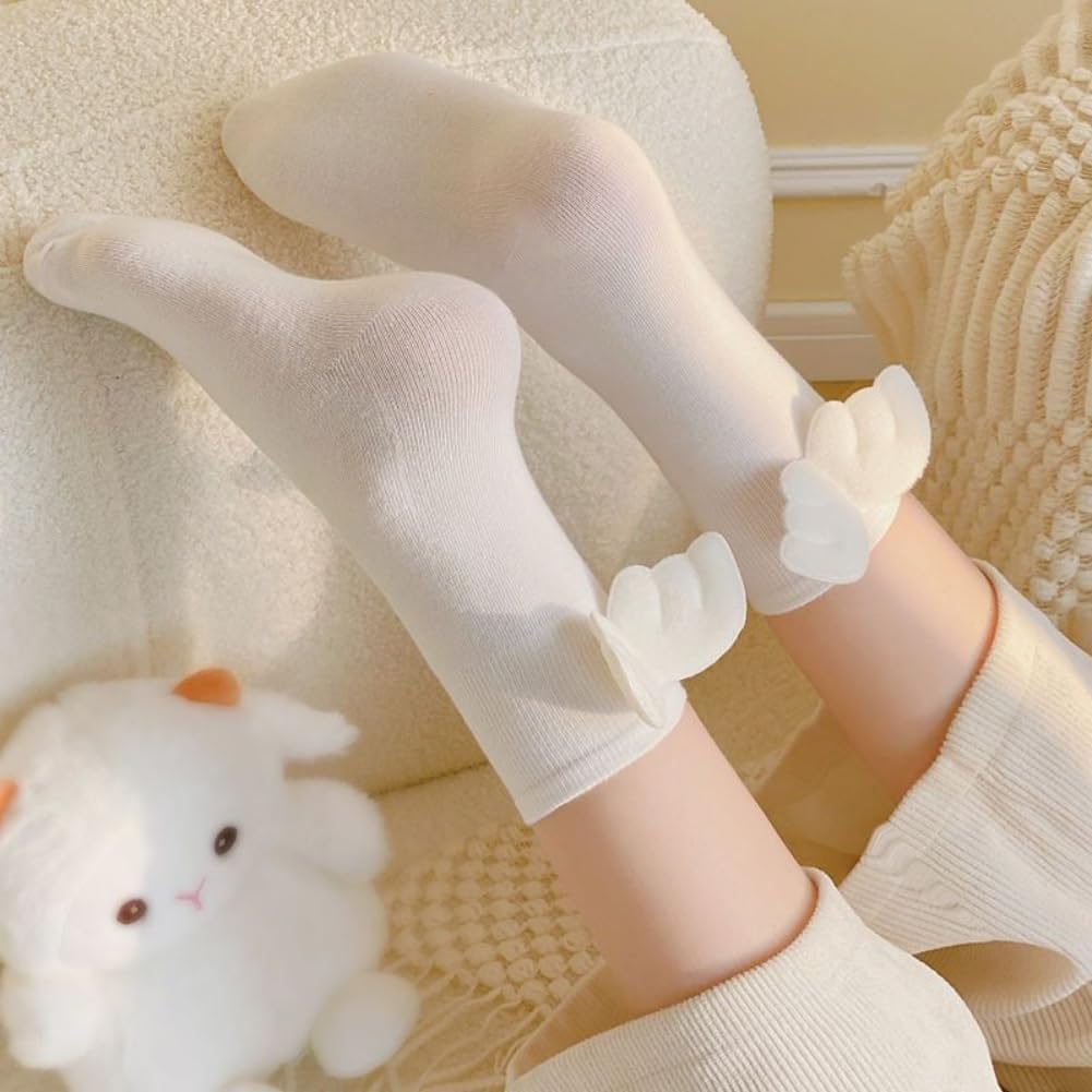 Detalle de AKAMAS 5 Paar Socken mit Engelsflügeln – Schwarz/Weiß, atmungsaktiv, süßes Lolita‑Design für Damen