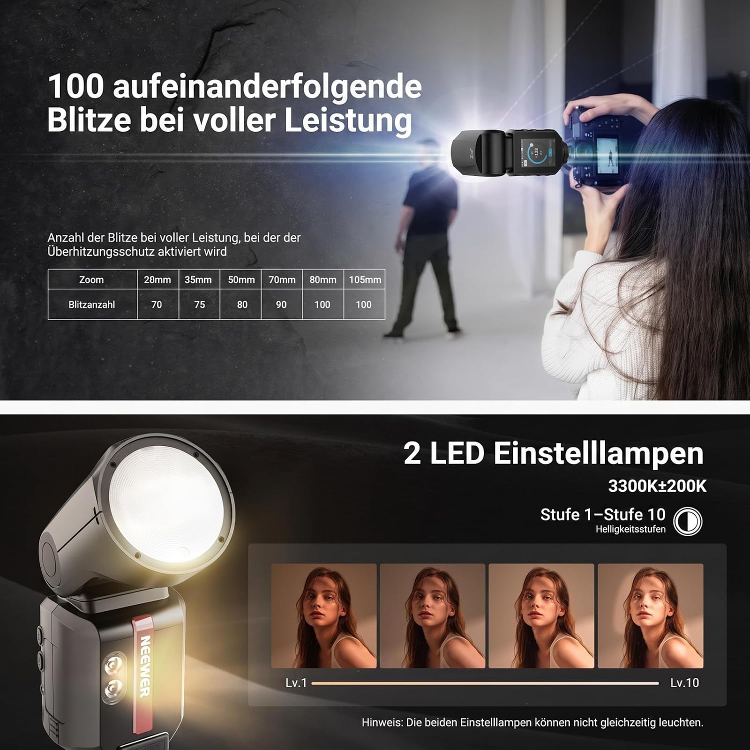 Detalle de NEEWER 100Ws TTL Blitz Rundkopf für Nikon – 2,4G Funk, Touchscreen, 3000mAh, HSS 1/8000s