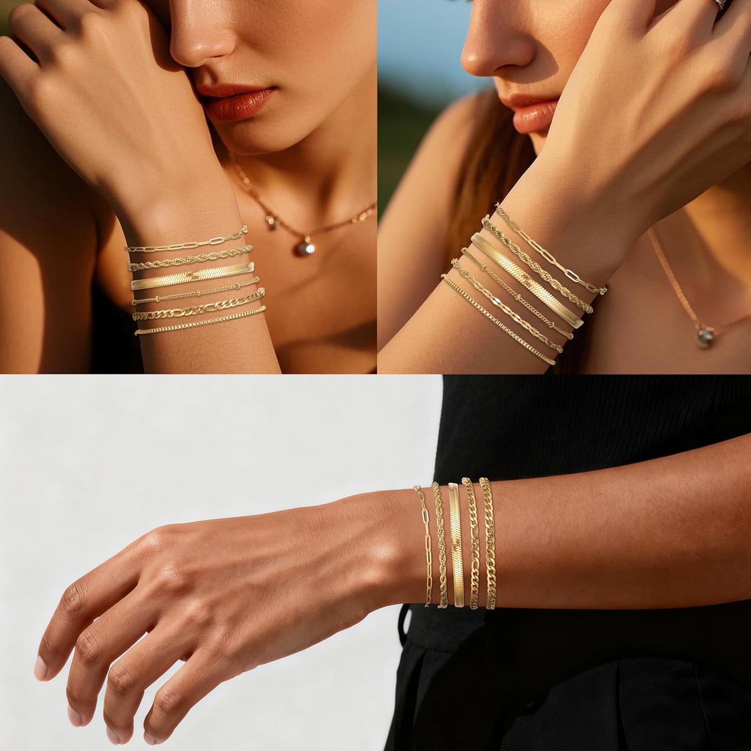 Detalle de RWQIAN Armband-Set Damen Silber/Gold – 5–6 Stücke, verstellbar, 316L Edelstahl, 14K Vergoldet