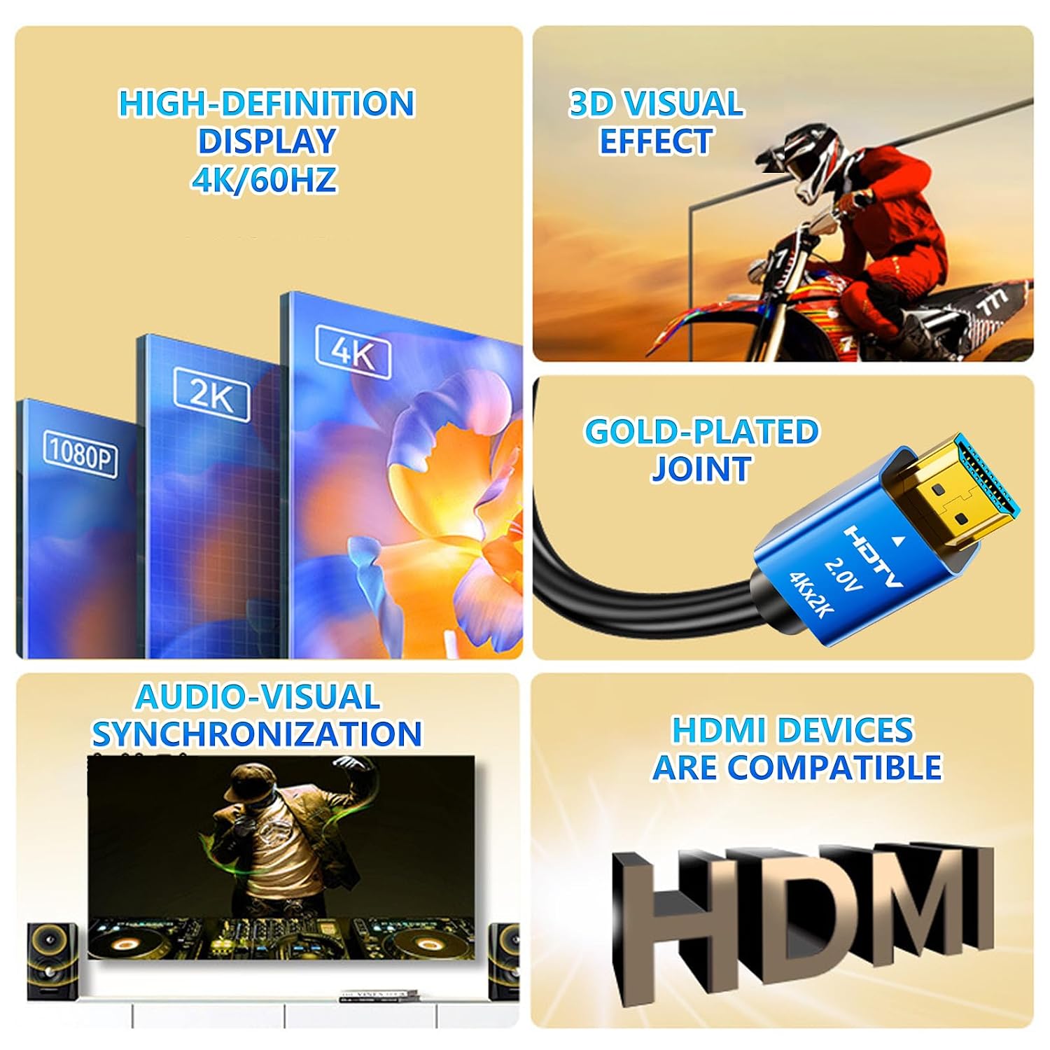 Detalle de Herfair 4K HDMI Cable 3m - Ultra High Speed, Gold Plated, ARC, 18Gbps, 4K@60Hz