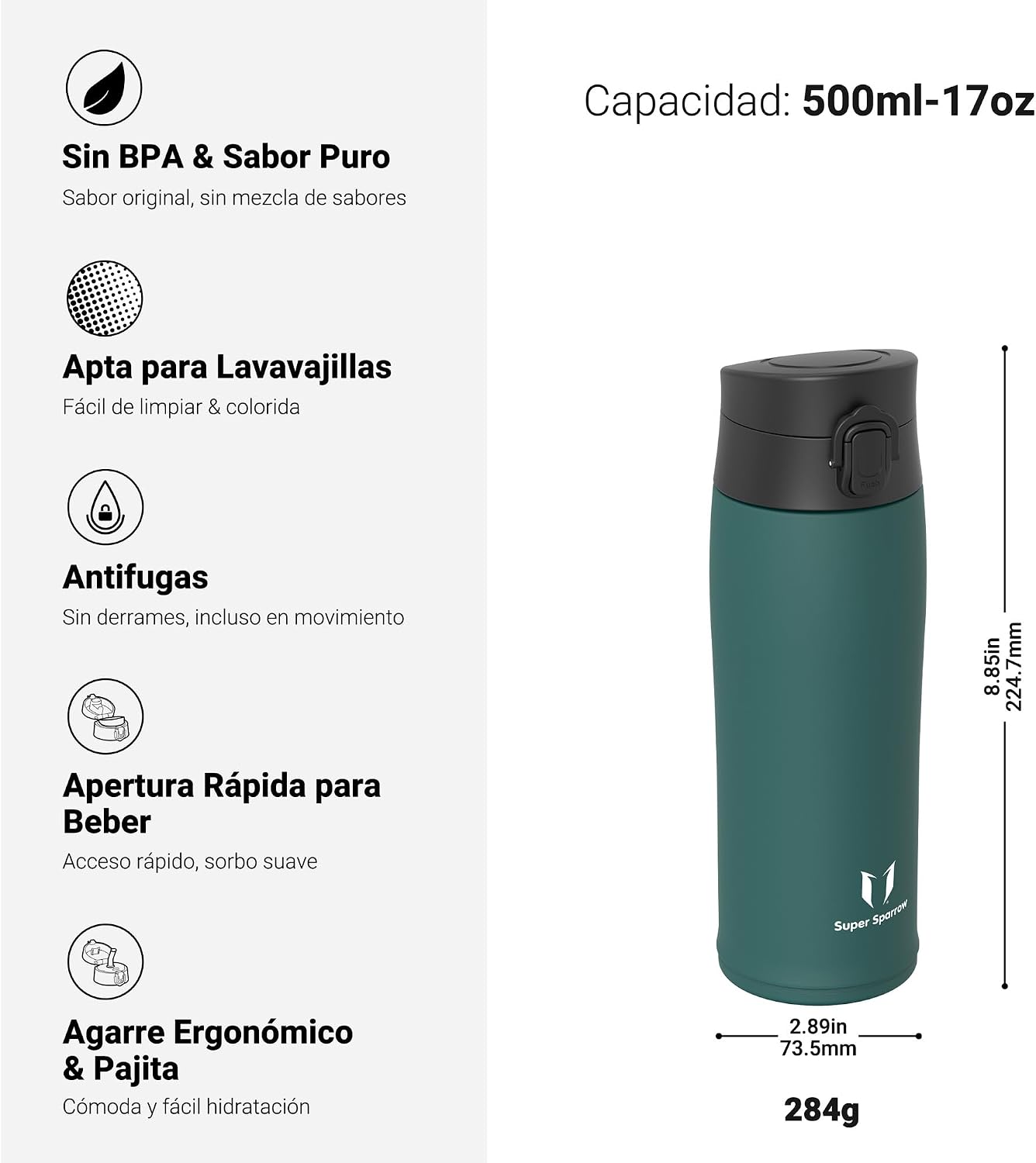Detalle de Sparrow Botella Agua Acero Inox - 500 ml para Niños (2 Tapas)