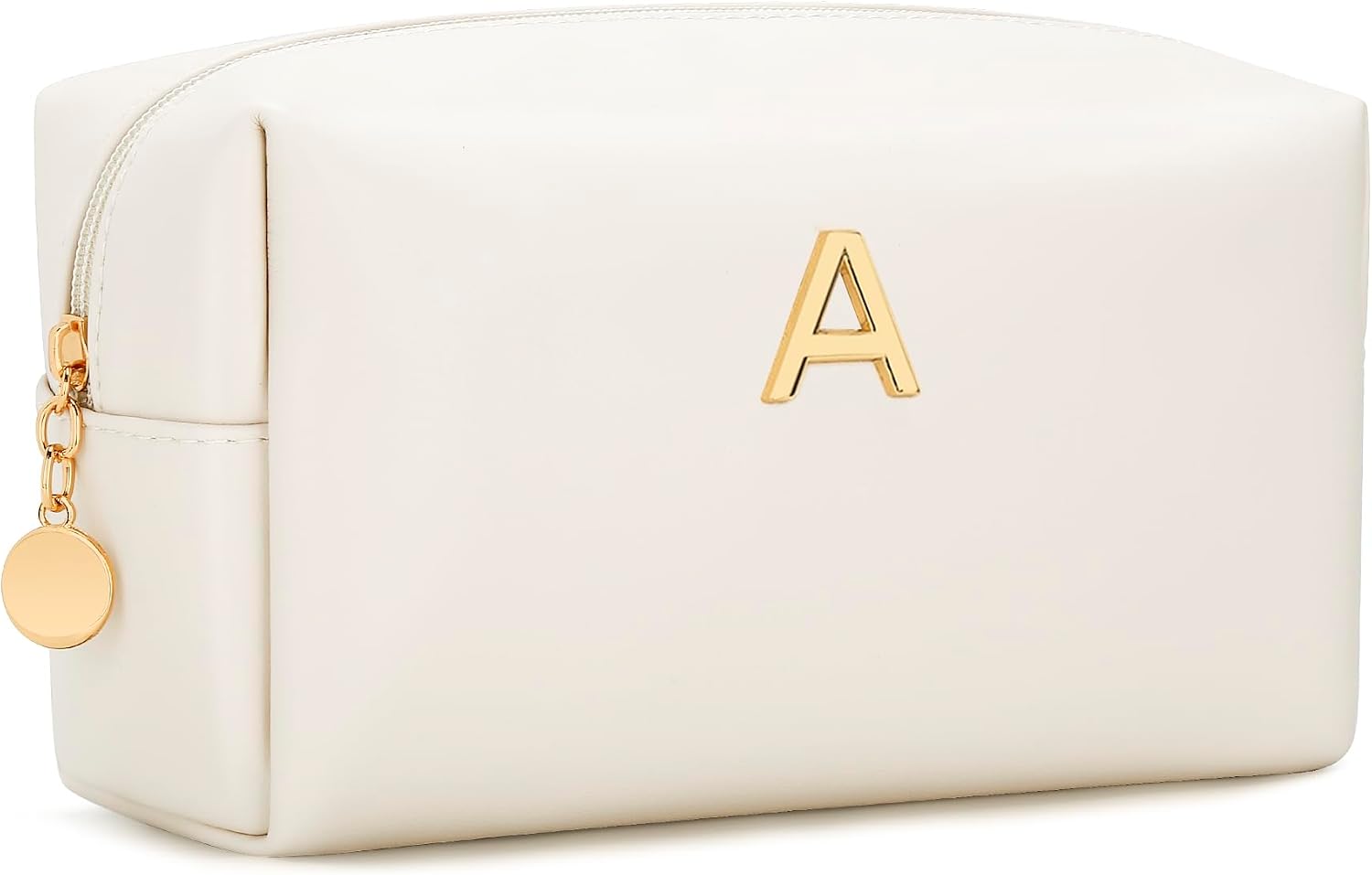 Detalle de CLOUDWINGS Personalized Initial Makeup Bag (Beige) – PU Leather Waterproof Travel Toiletry Bag for Bridesmaids