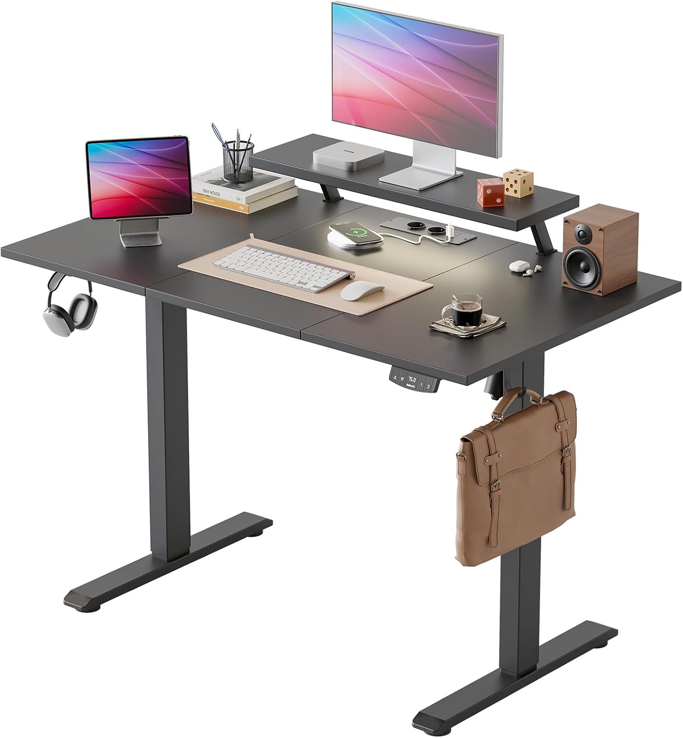 Detalle de Agilestic: Höhenverstellbarer Schreibtisch mit beweglichem Monitorständer – 120 x 60 cm, elektrisch, inkl. USB-Dose & LED-Lichtleiste