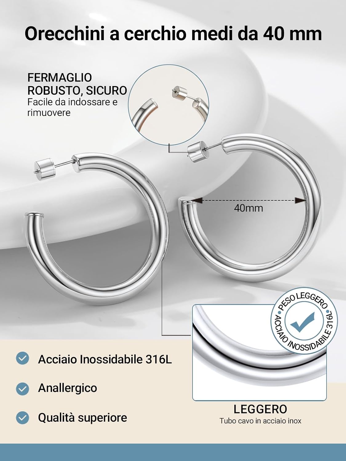 Detalle de PROSTEEL Orecchini a cerchio colonna circolare vuoti in acciaio 316L (20/30/40/60/80 mm)