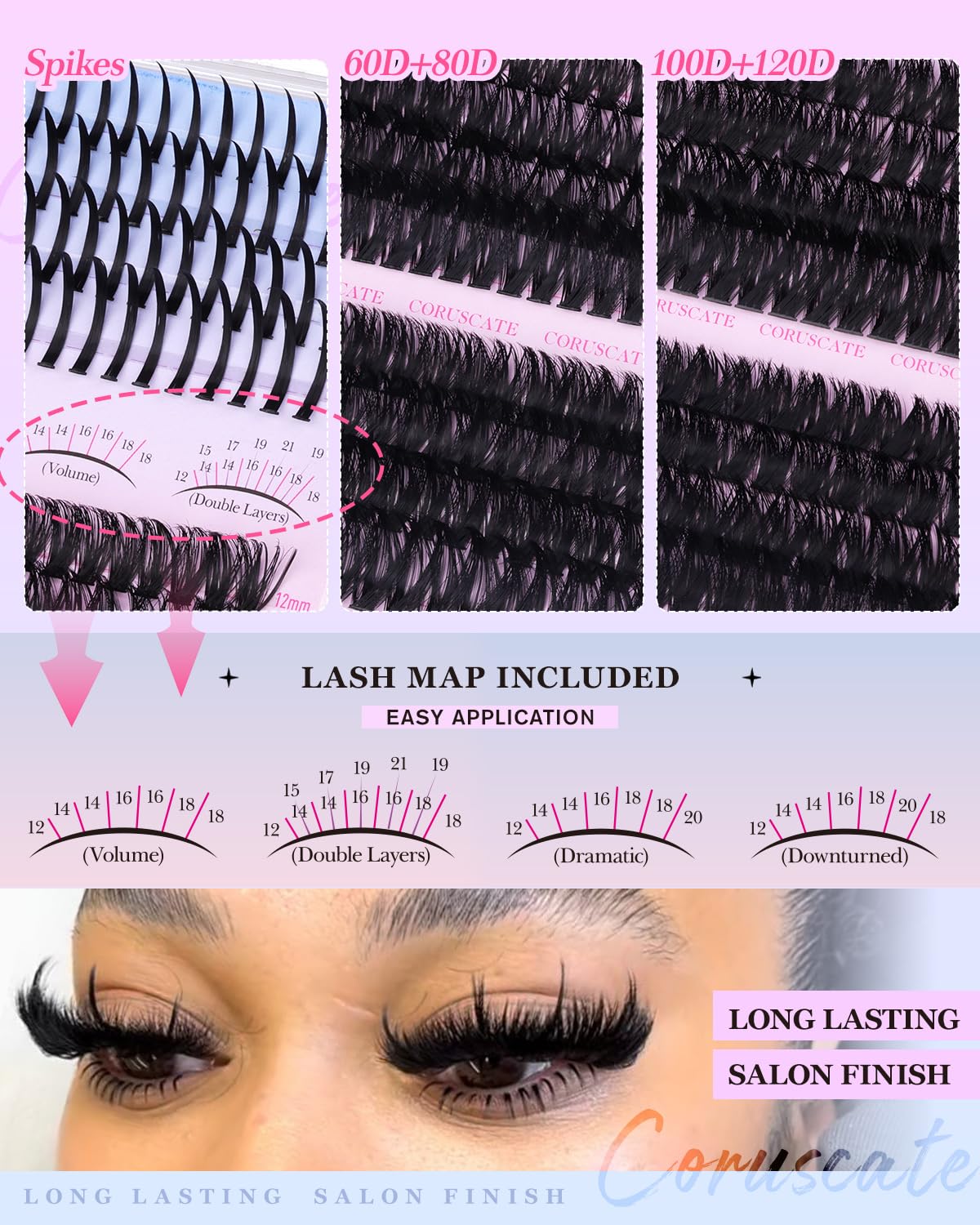 Detalle de CORUSCATE Lash Clusters Kit 464pcs: Mega Spike and Wispy Lashes for at-Home Lash Extensions