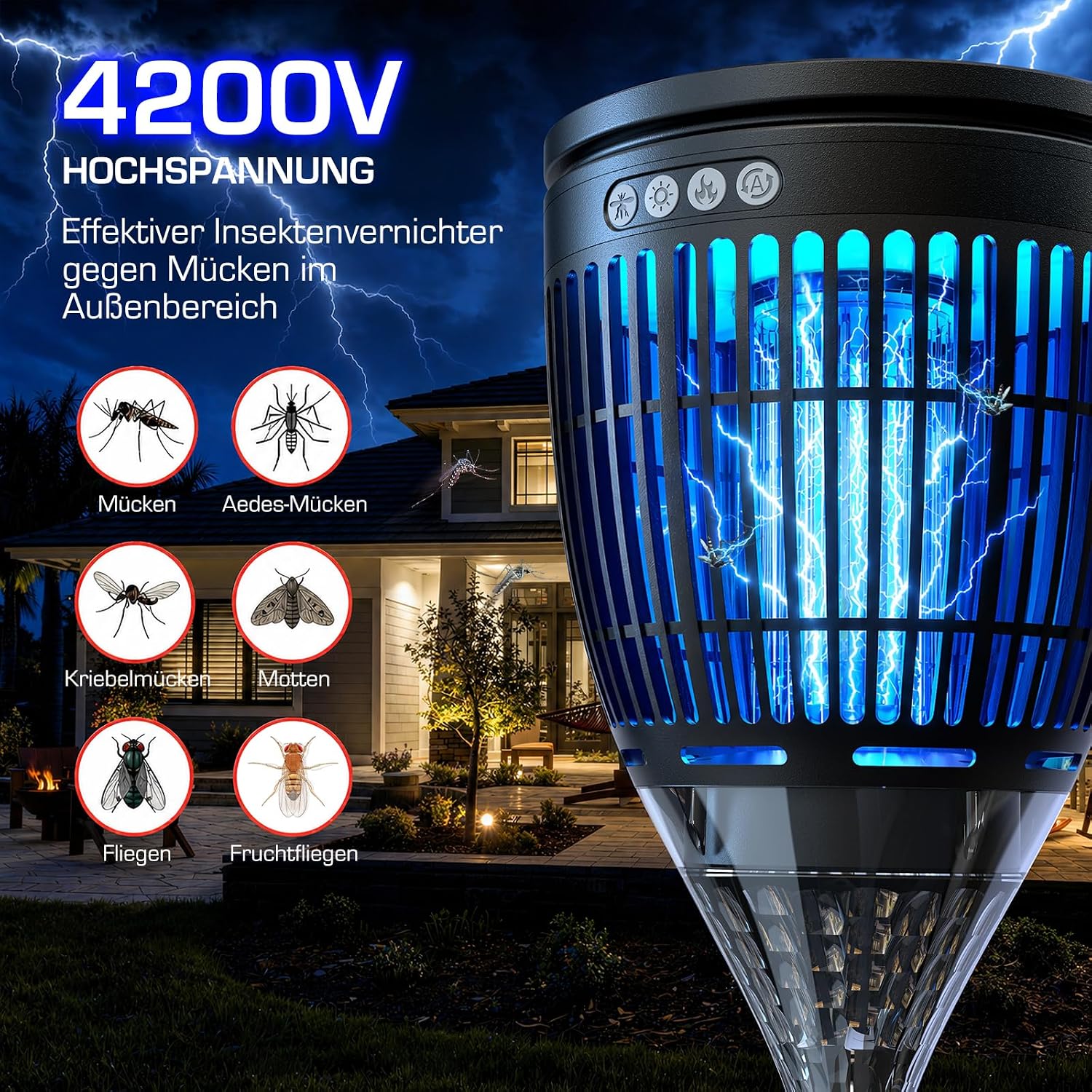 Detalle 2 de Dnenellr Solar Insektenvernichter Outdoor – kabellose 4200V Mückenlampe mit IPX5, Solar & USB-C, Erdspieß