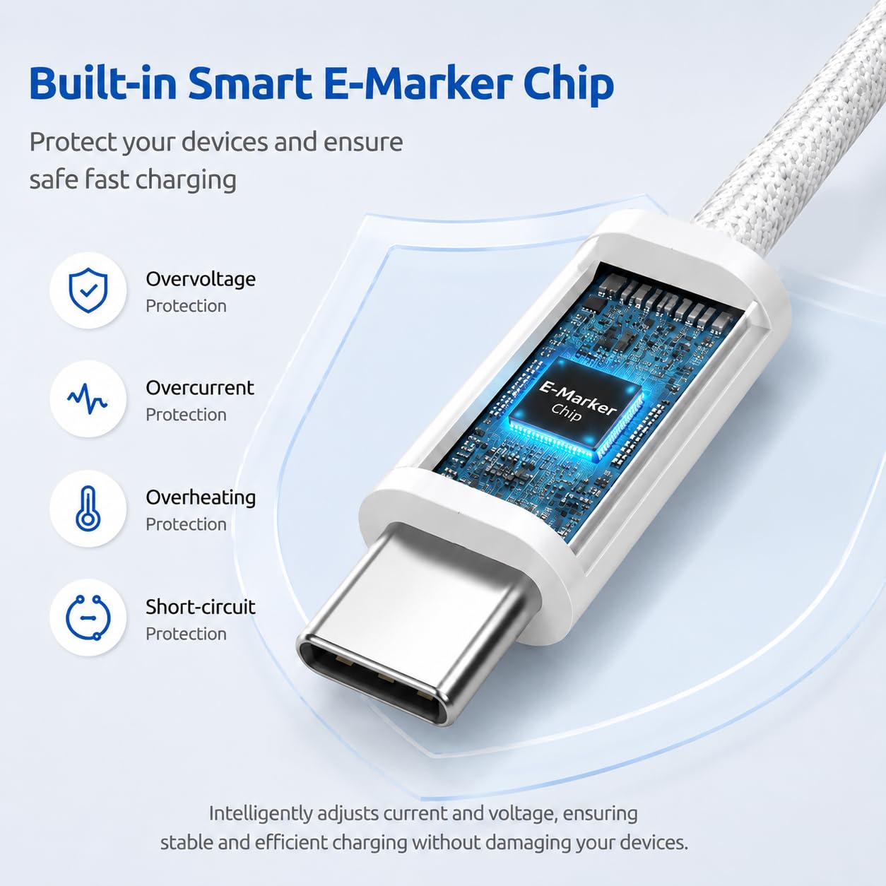 Detalle de KINPEE KIN-C2C-003 240W USB-C Cable, 3m Braided Nylon, White