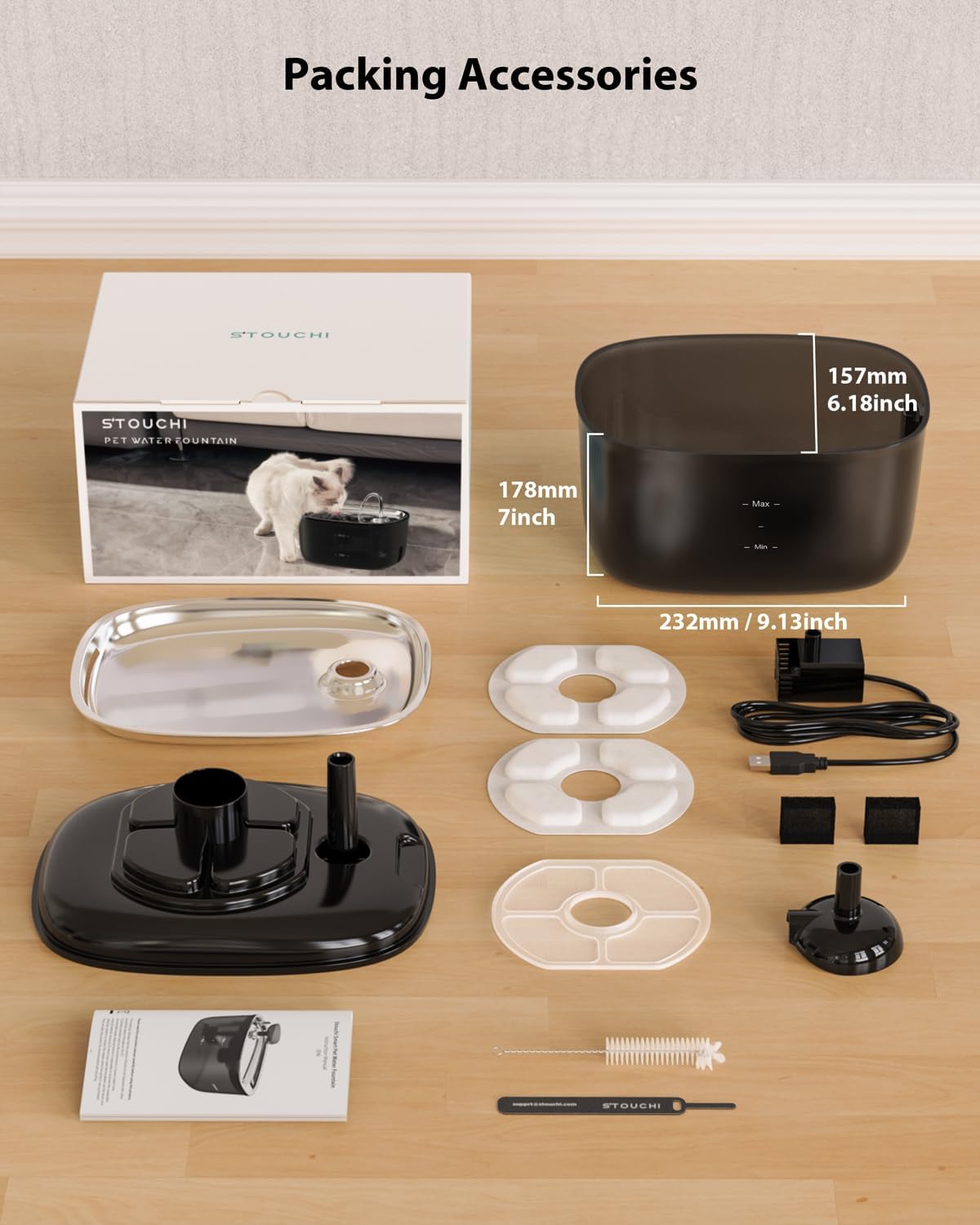 Detalle de Stouchi Katzenbrunnen 2,5 L – Leise Edelstahl-Trinkbrunnen mit LED, BPA-frei, inkl. 2 Filtern