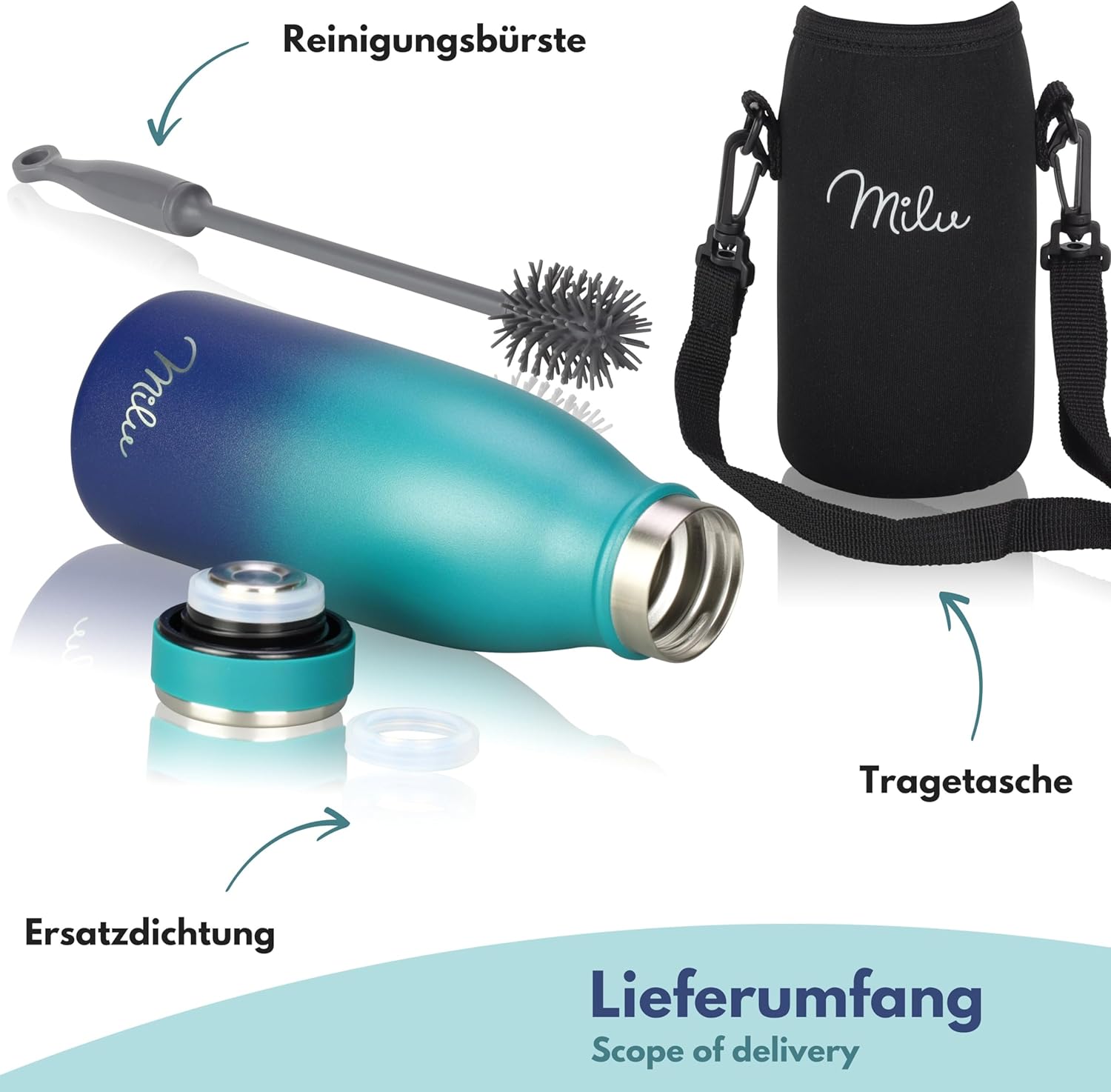 Thumbnail 4 de Milu Edelstahl Trinkflasche 350ml–1,5L: Auslaufsicher, vakuumisoliert und kohlensäurefest
