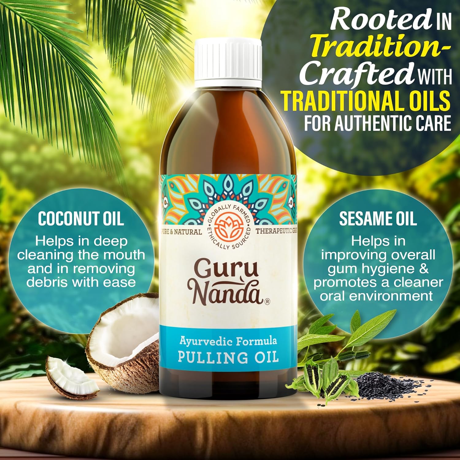 Detalle 2 de GuruNanda Original Oil Pulling Mouthwash with Coconut & Sesame Oil, Alcohol-Free (8.45 fl oz) + Tongue Scraper